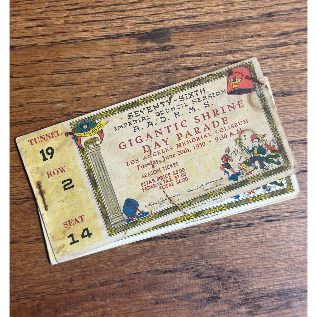 1950 76th IMPERIAL COUNCIL SESSION - LOS ANGELES Shrine Day Parade Ticket Stub