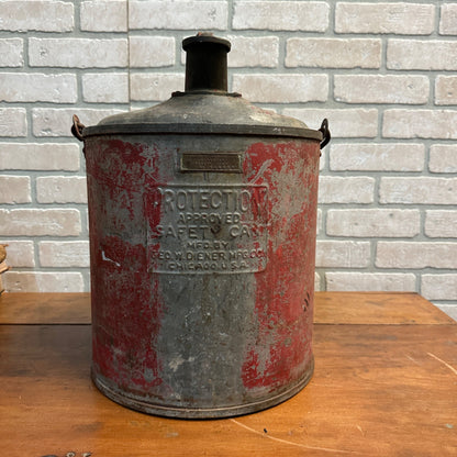 VINTAGE 1920S PROTECTION GAS SAFETY CAN GEO W DIENER RED ANTIQUE 5 GALLON