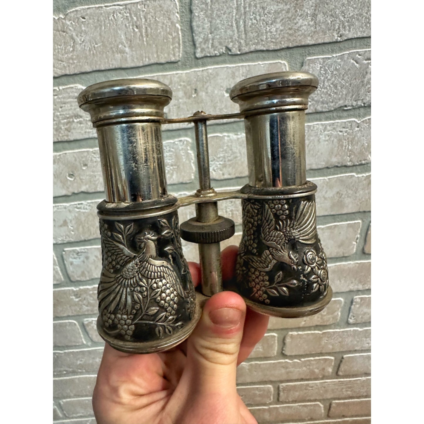 VINTAGE SILVER METAL & BLACK ENAMEL OPERA GLASSES BIRDS ROSES MADE IN JAPAN