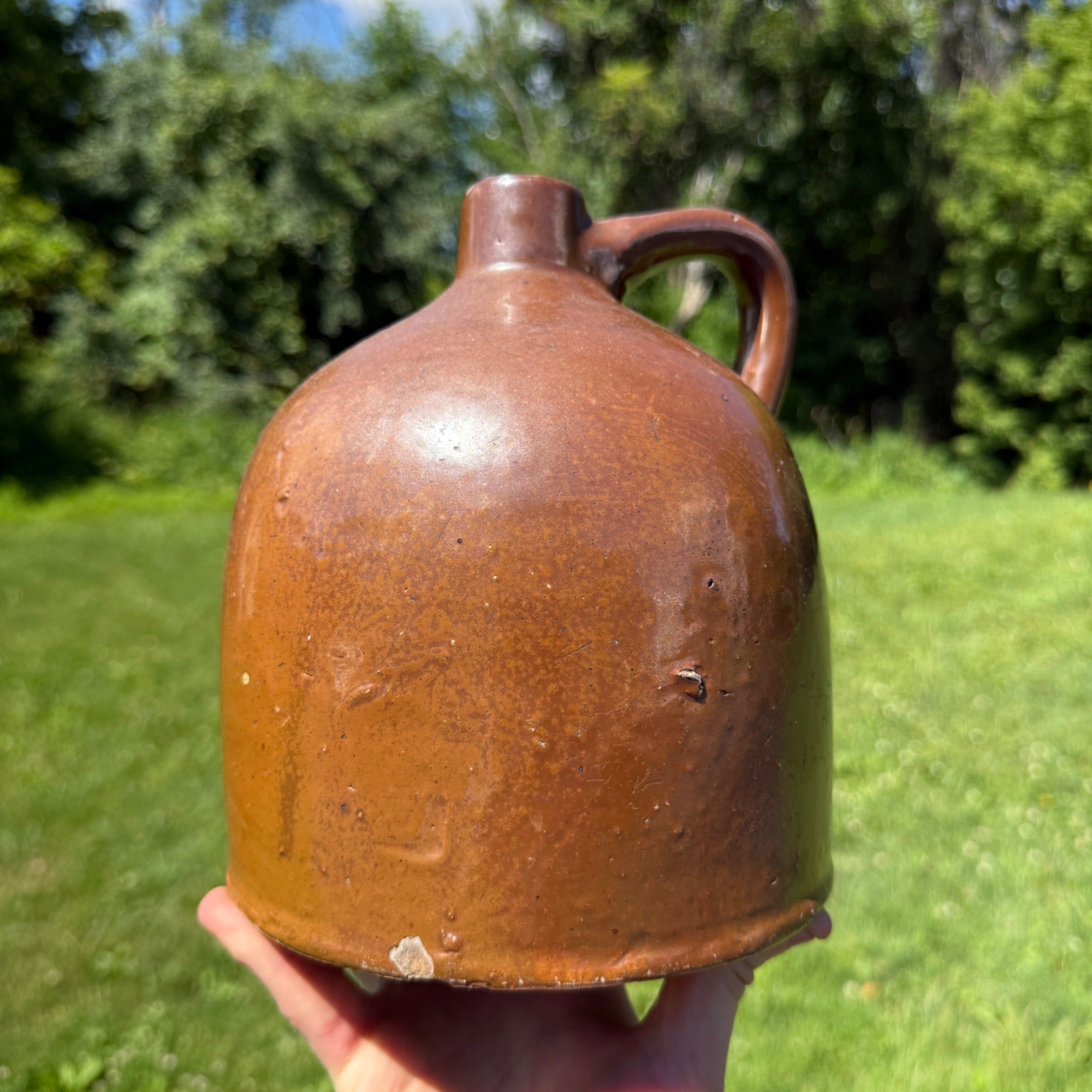 Antique 19th Century Light Brown Stoneware Jug With Handle Primitive Pottery 1800s