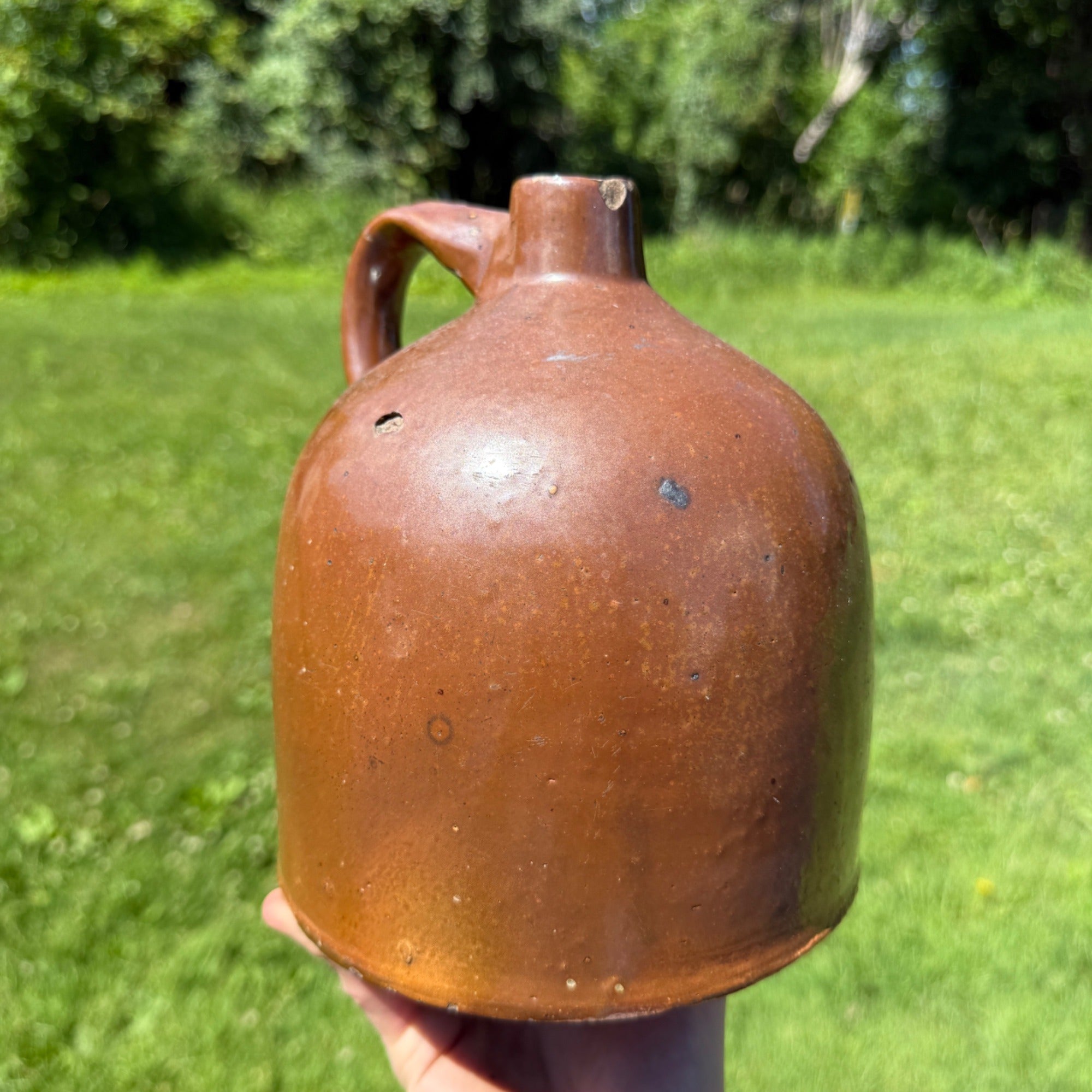 Antique 19th Century Light Brown Stoneware Jug With Handle Primitive Pottery 1800s