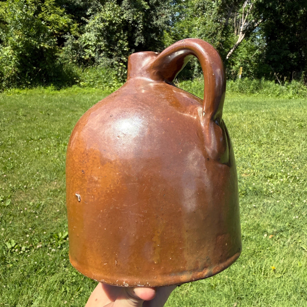 Antique 19th Century Light Brown Stoneware Jug With Handle Primitive Pottery 1800s