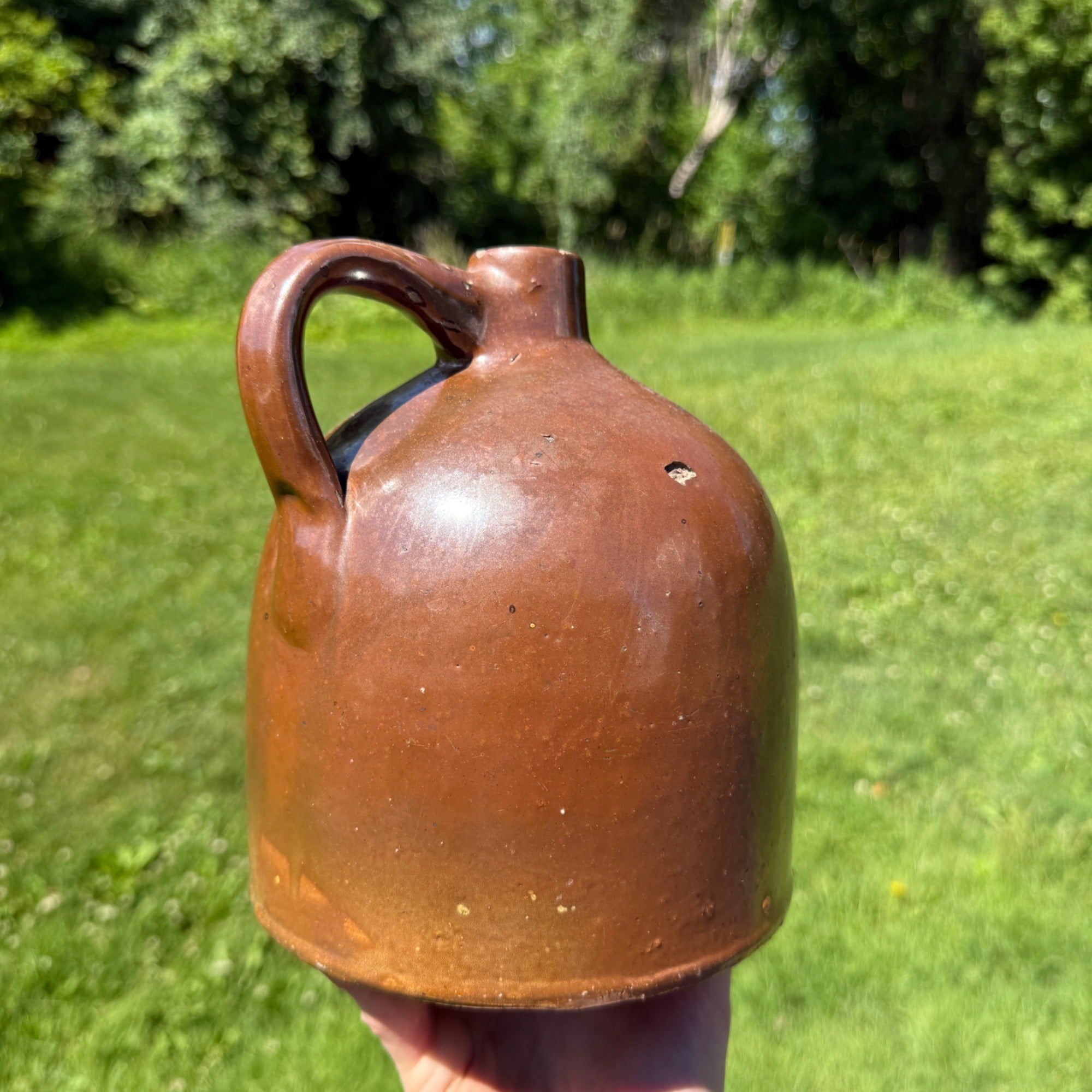 Antique 19th Century Light Brown Stoneware Jug With Handle Primitive Pottery 1800s