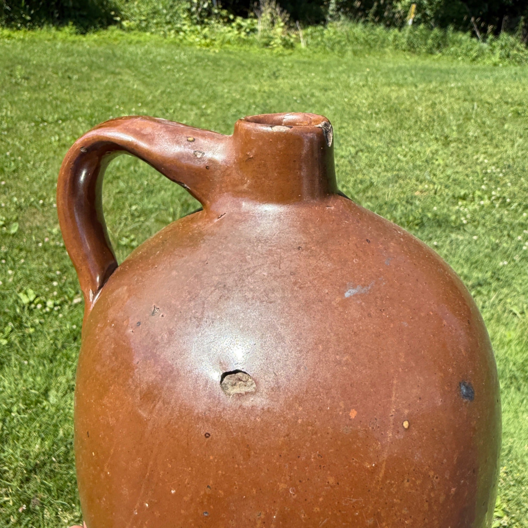 Antique 19th Century Light Brown Stoneware Jug With Handle Primitive Pottery 1800s