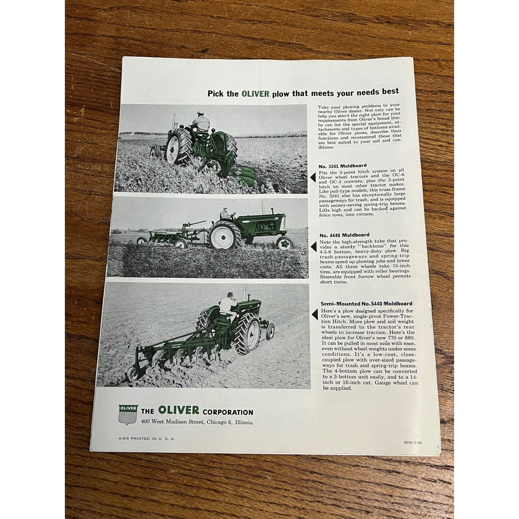 Oliver 4240 Moldboard Plows Tractor Dealers Sales Brochure 1958
