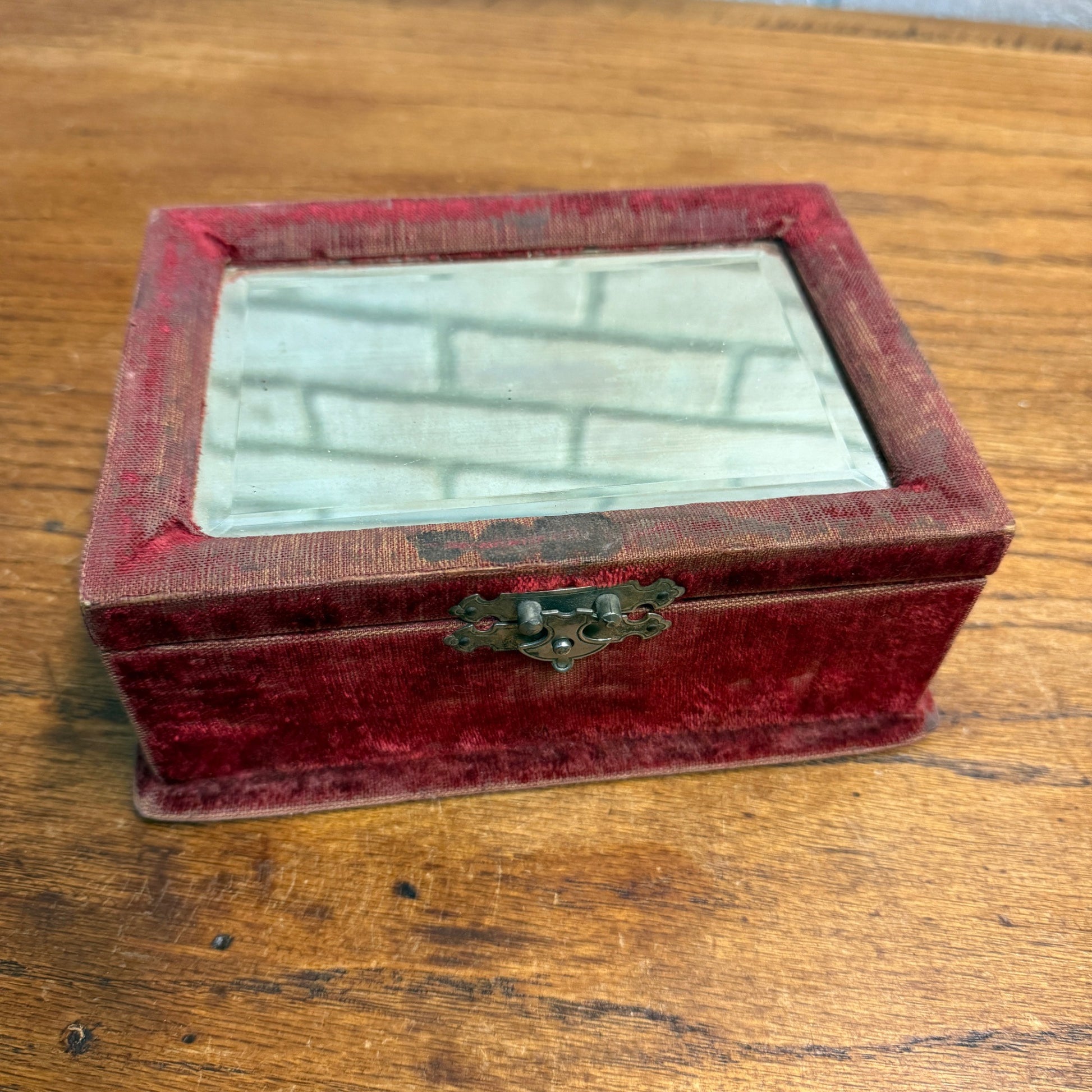 Vintage Red Velvet Lined Mirrored Dresser Jewelry Box Early