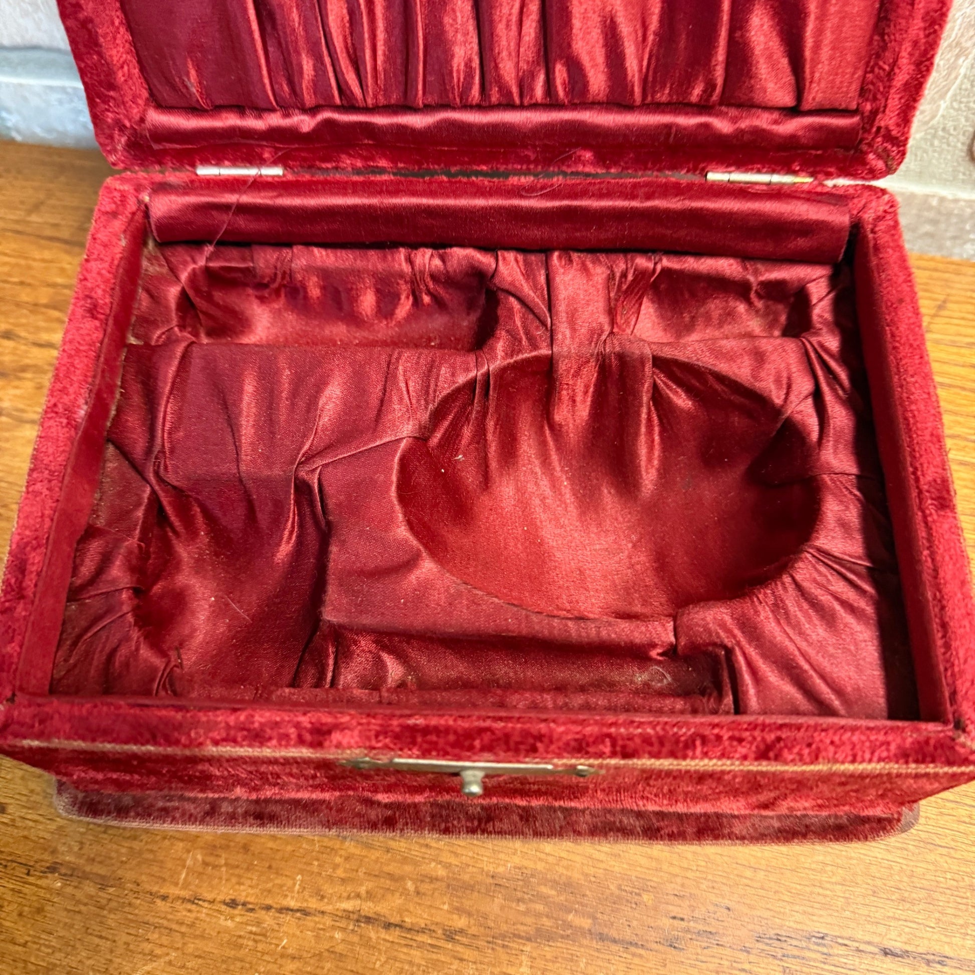 Vintage Red Velvet Lined Mirrored Dresser Jewelry Box Early