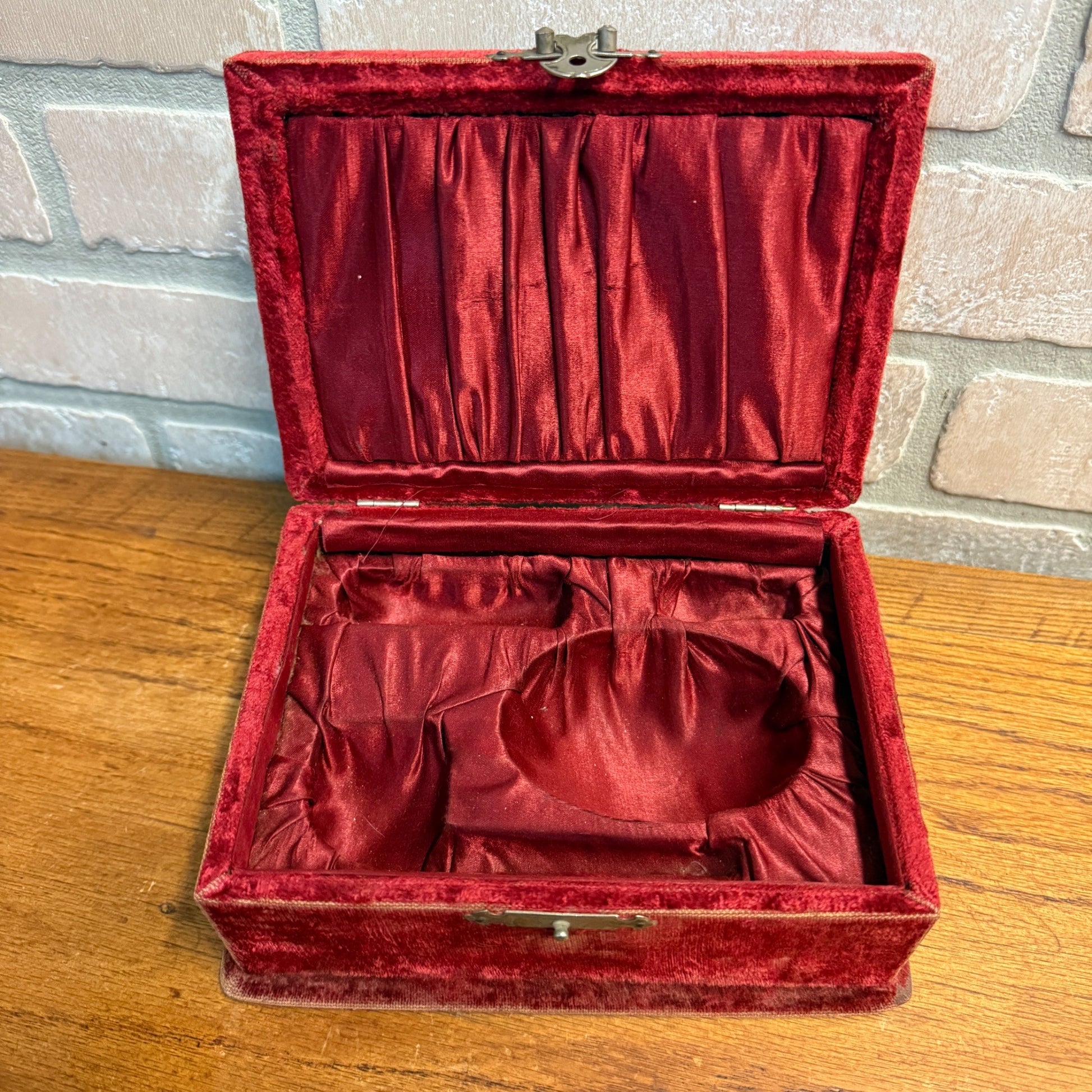 Vintage Red Velvet Lined Mirrored Dresser Jewelry Box Early