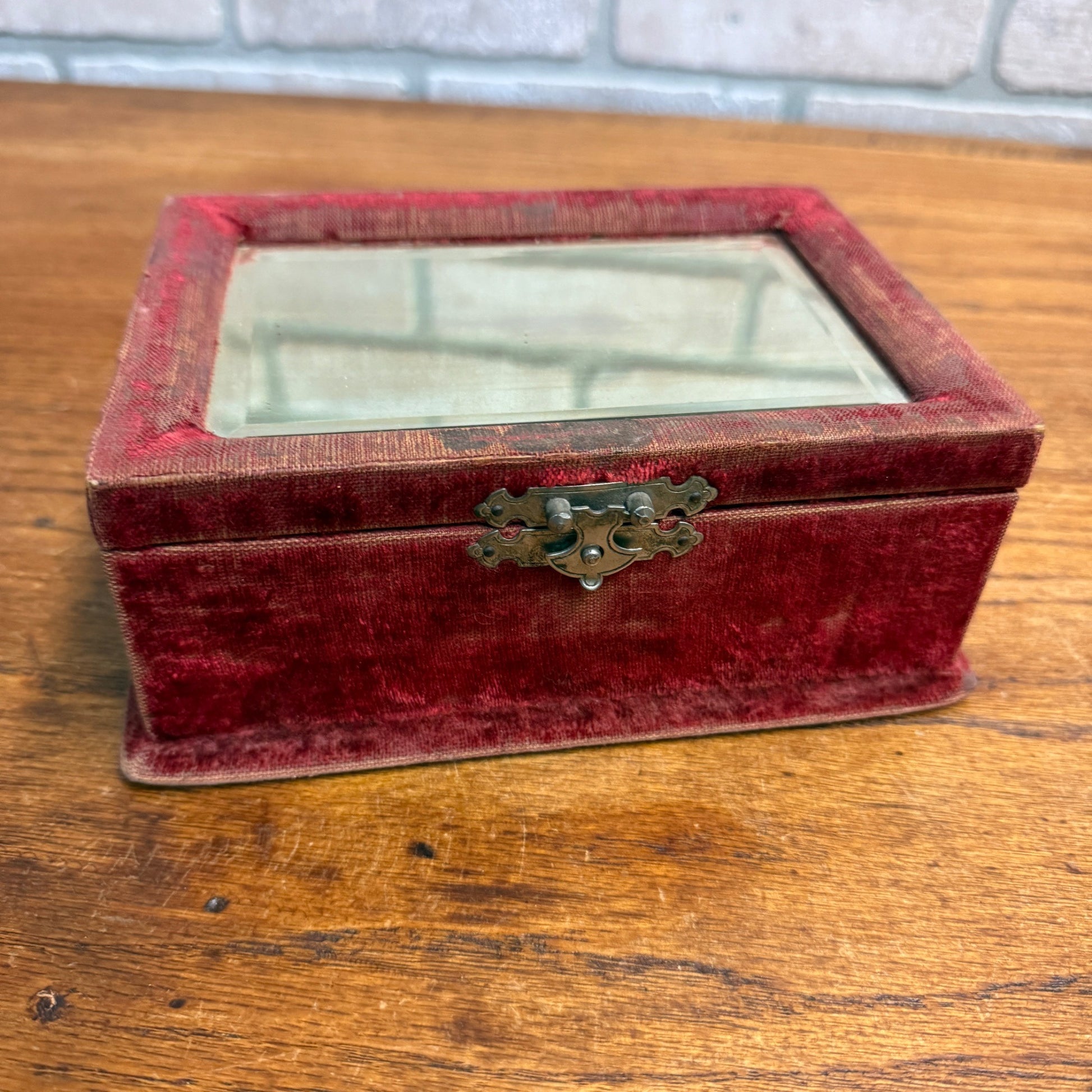 Vintage Red Velvet Lined Mirrored Dresser Jewelry Box Early