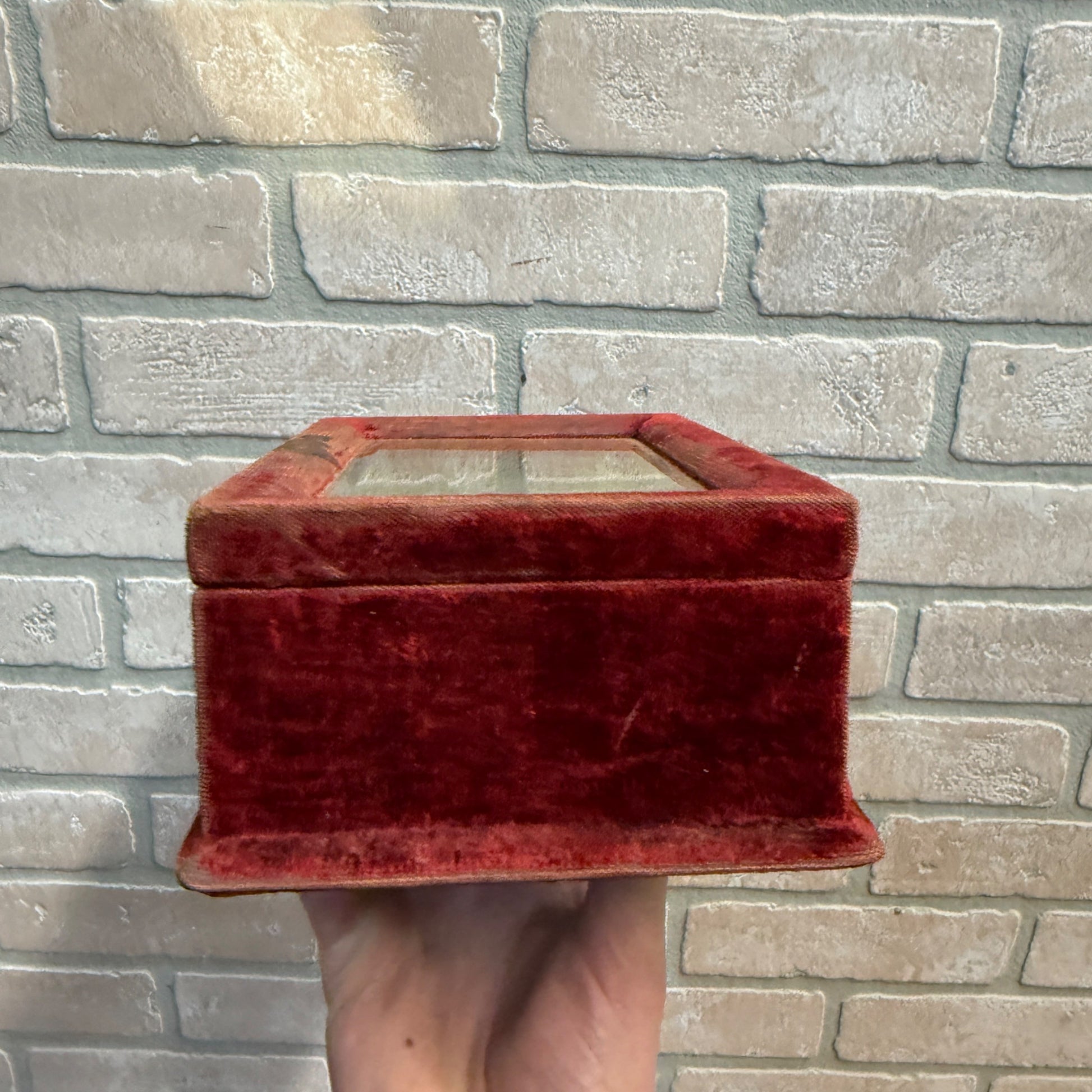 Vintage Red Velvet Lined Mirrored Dresser Jewelry Box Early