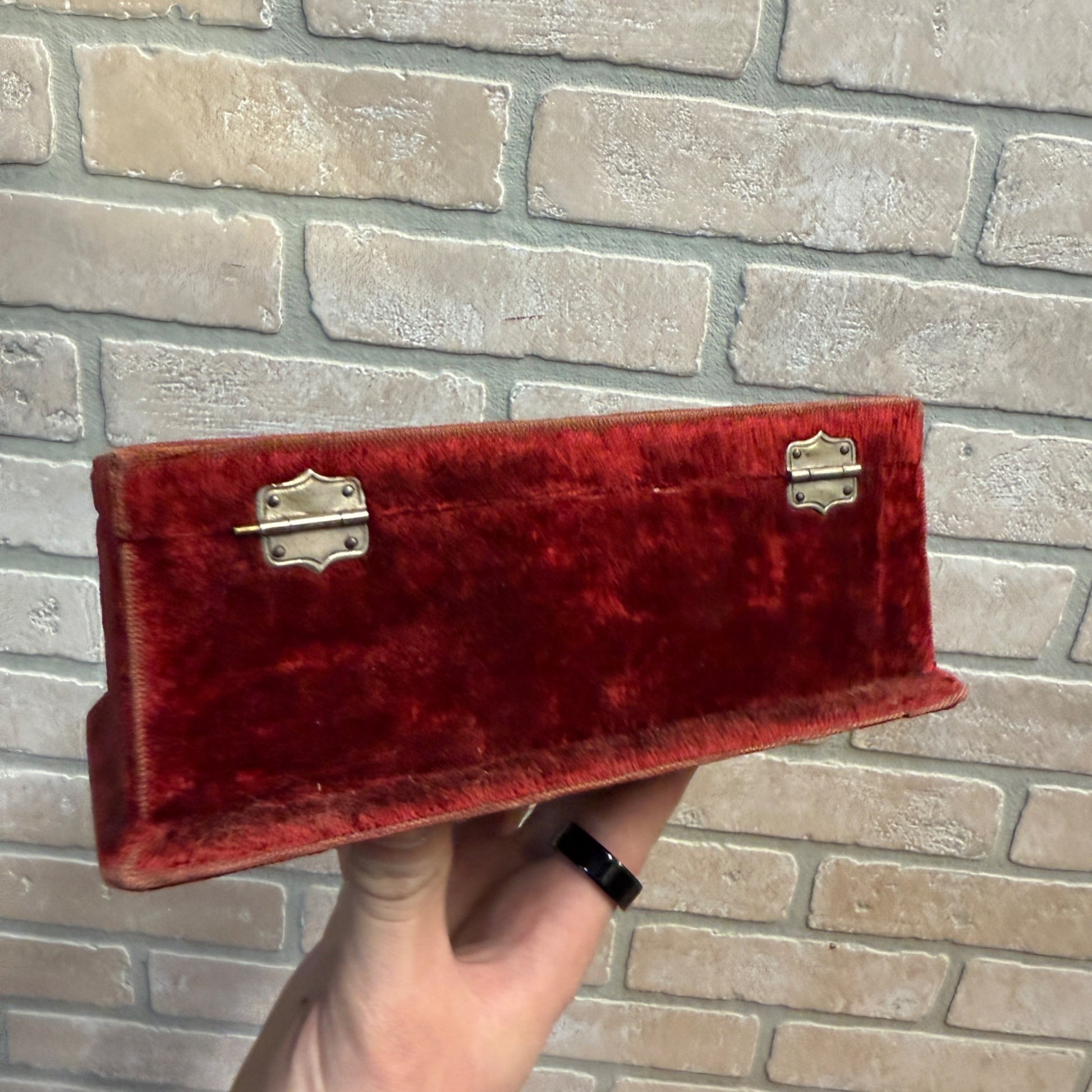 Vintage Red Velvet Lined Mirrored Dresser Jewelry Box Early