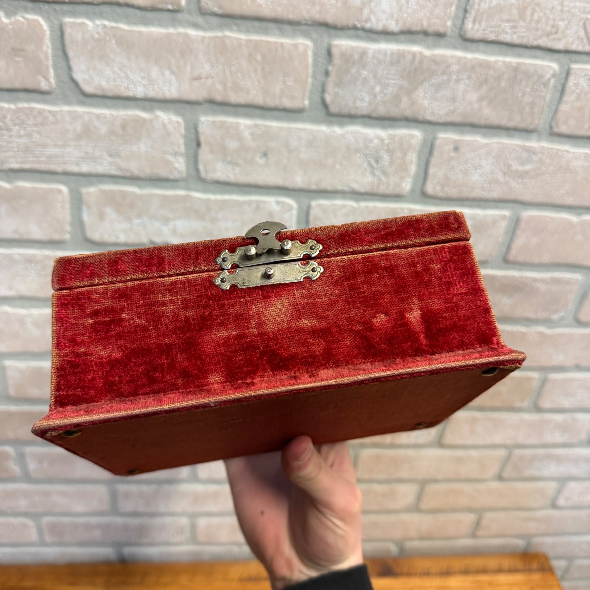 Vintage Red Velvet Lined Mirrored Dresser Jewelry Box Early