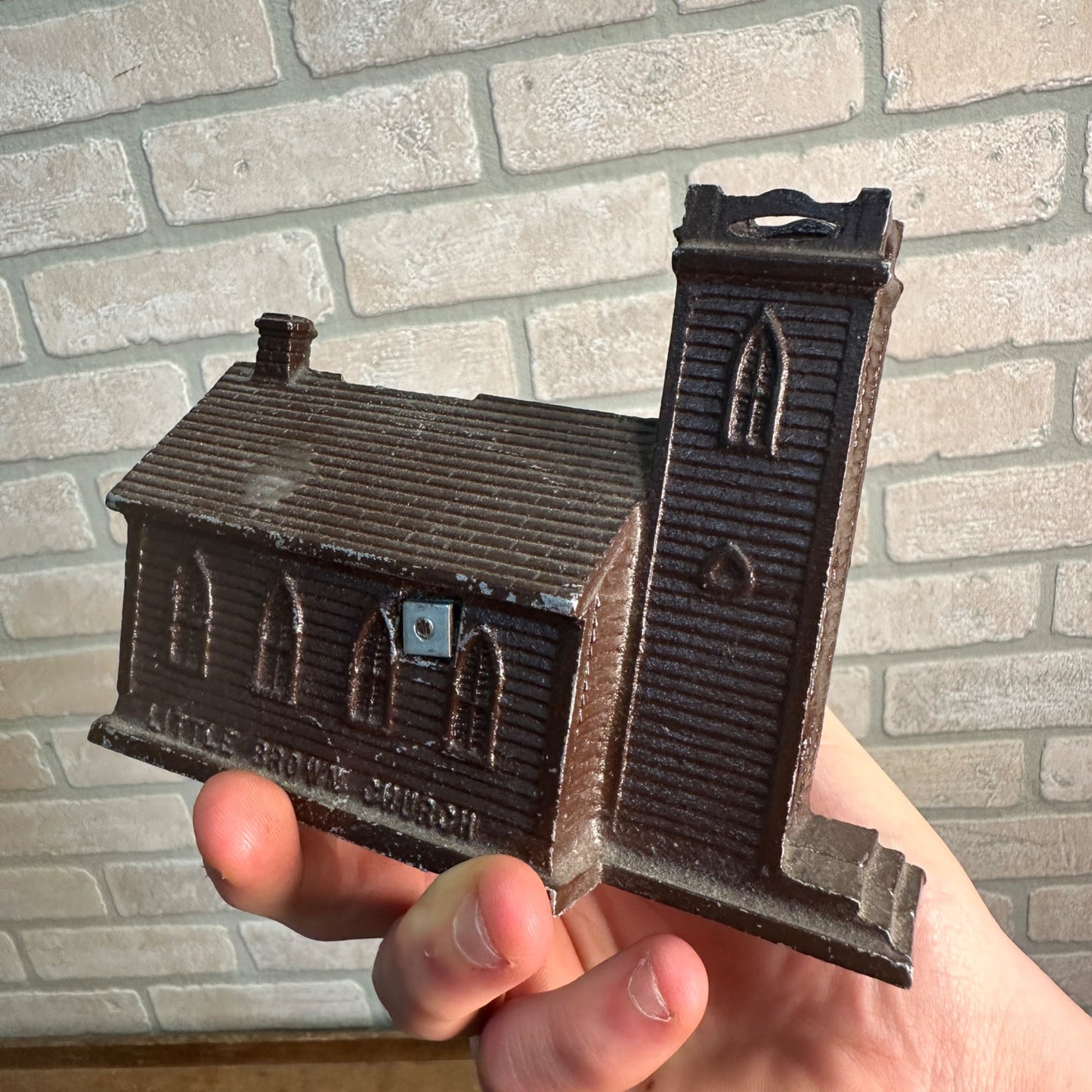 LITTLE BROWN CHURCH IN THE VALE PENNY COIN BANK CAST METAL VINTAGE 4"H X 5.25"L