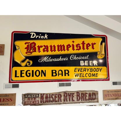 Vintage 1940s Drink Braumeister Milwaukee Beer Metal Advertising Sign 8ft x 5ft