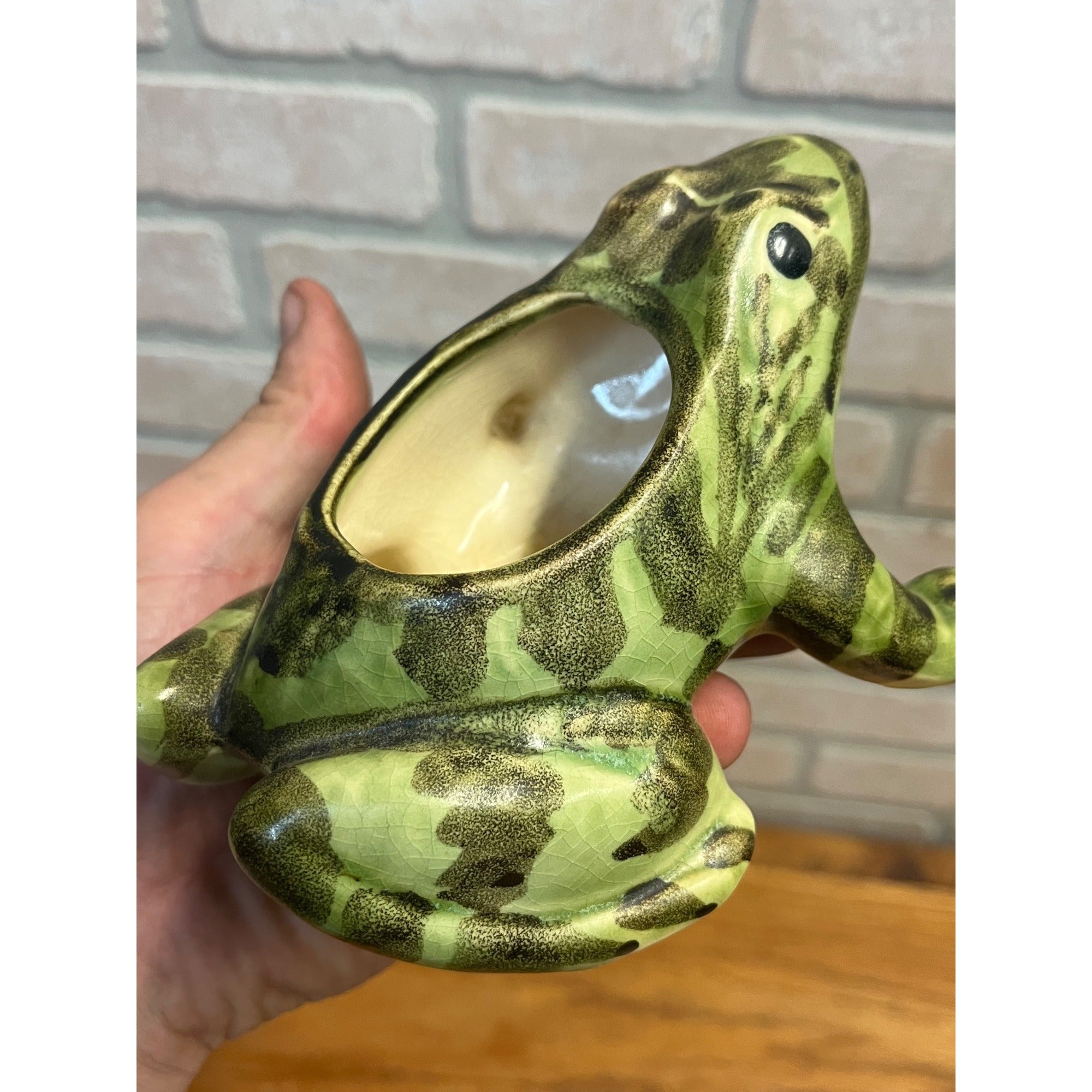 Vintage Brush McCoy Pottery Frog Planter Green and Black Glaze Mid-century MCM