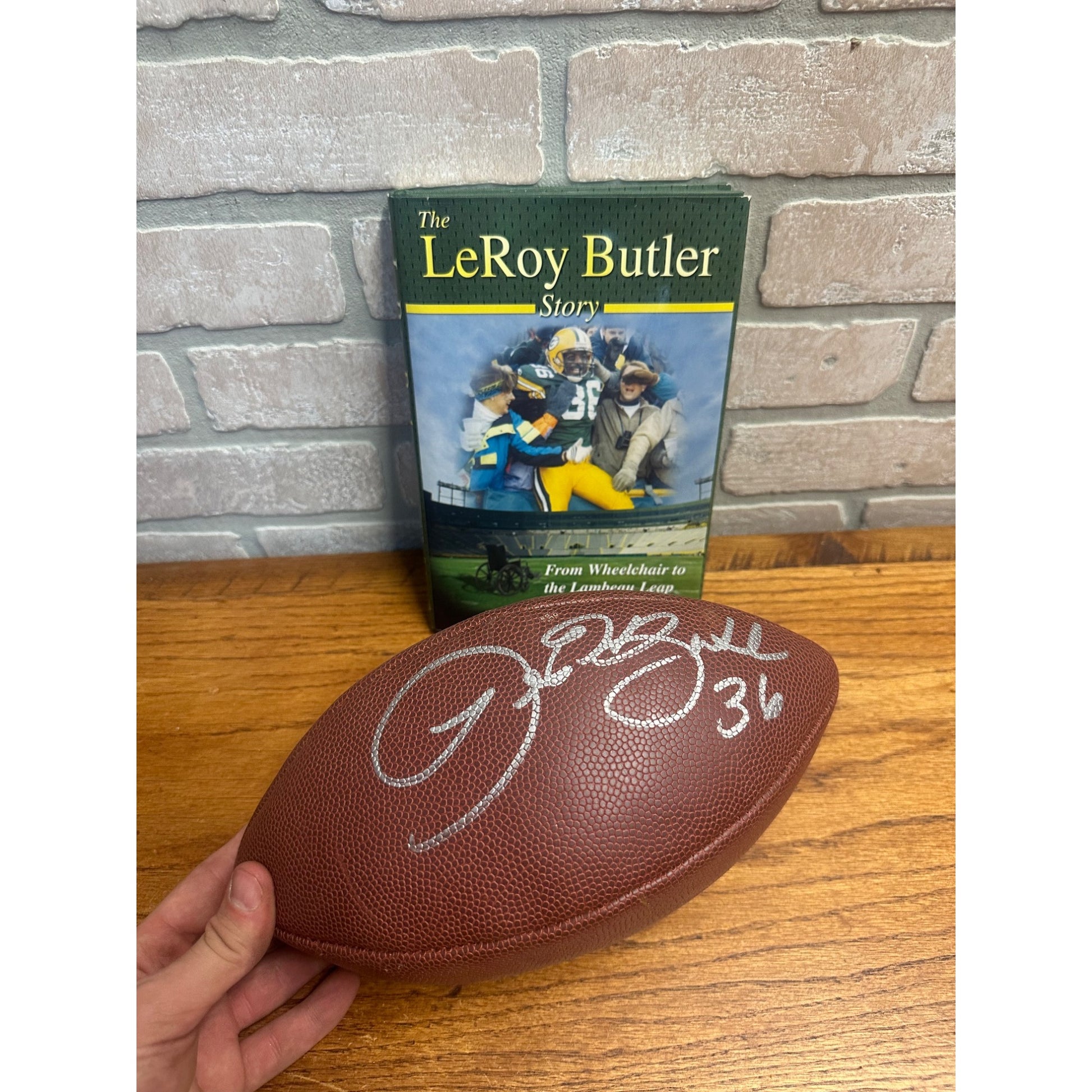 Leroy Butler Green Bay Packers Signed Book & Football Lambeau Leap