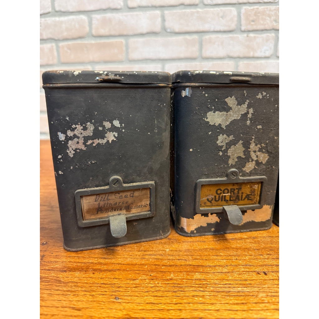 Lot of (4) 1900s Apothecary Seed Phenix Herb Can Druggist Storage Metal Bins Empty
