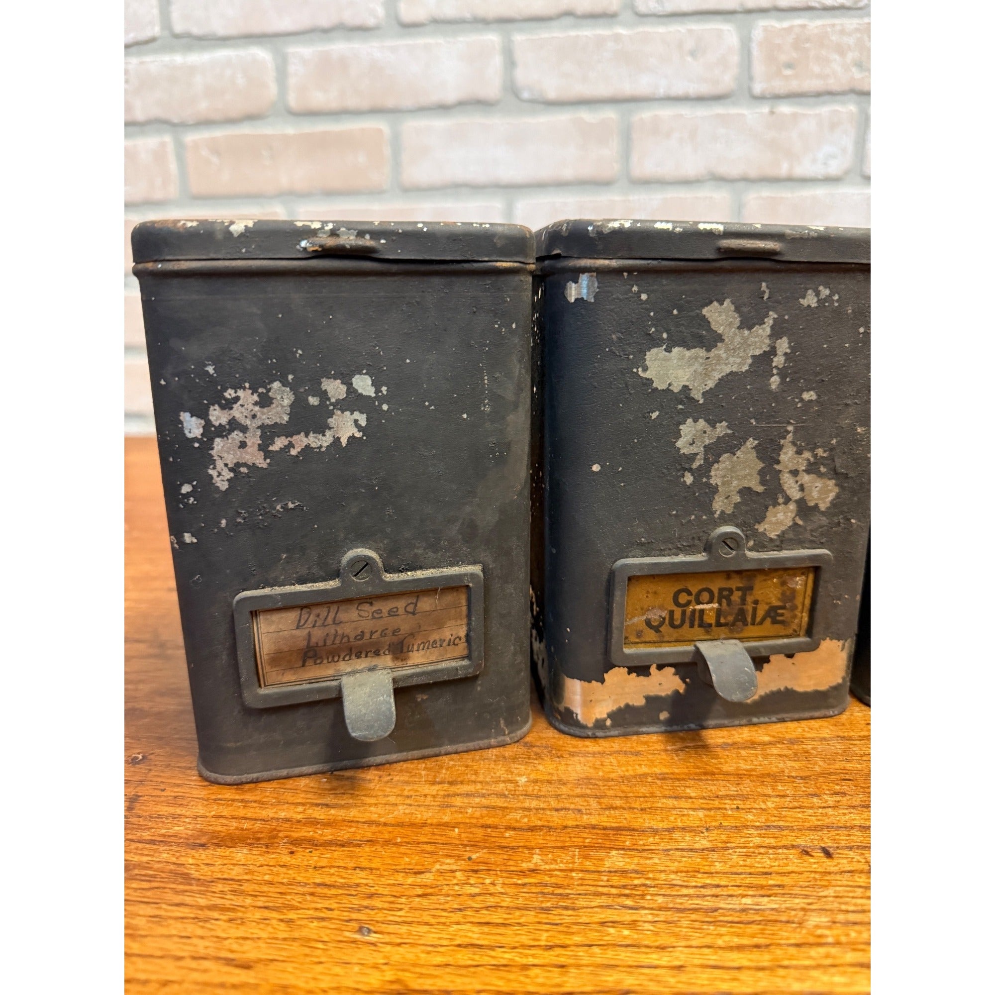 Lot of (4) 1900s Apothecary Seed Phenix Herb Can Druggist Storage Metal Bins Empty