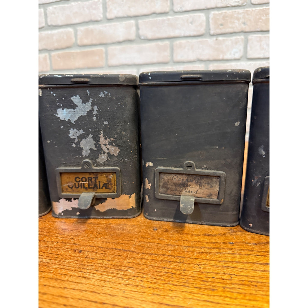 Lot of (4) 1900s Apothecary Seed Phenix Herb Can Druggist Storage Metal Bins Empty