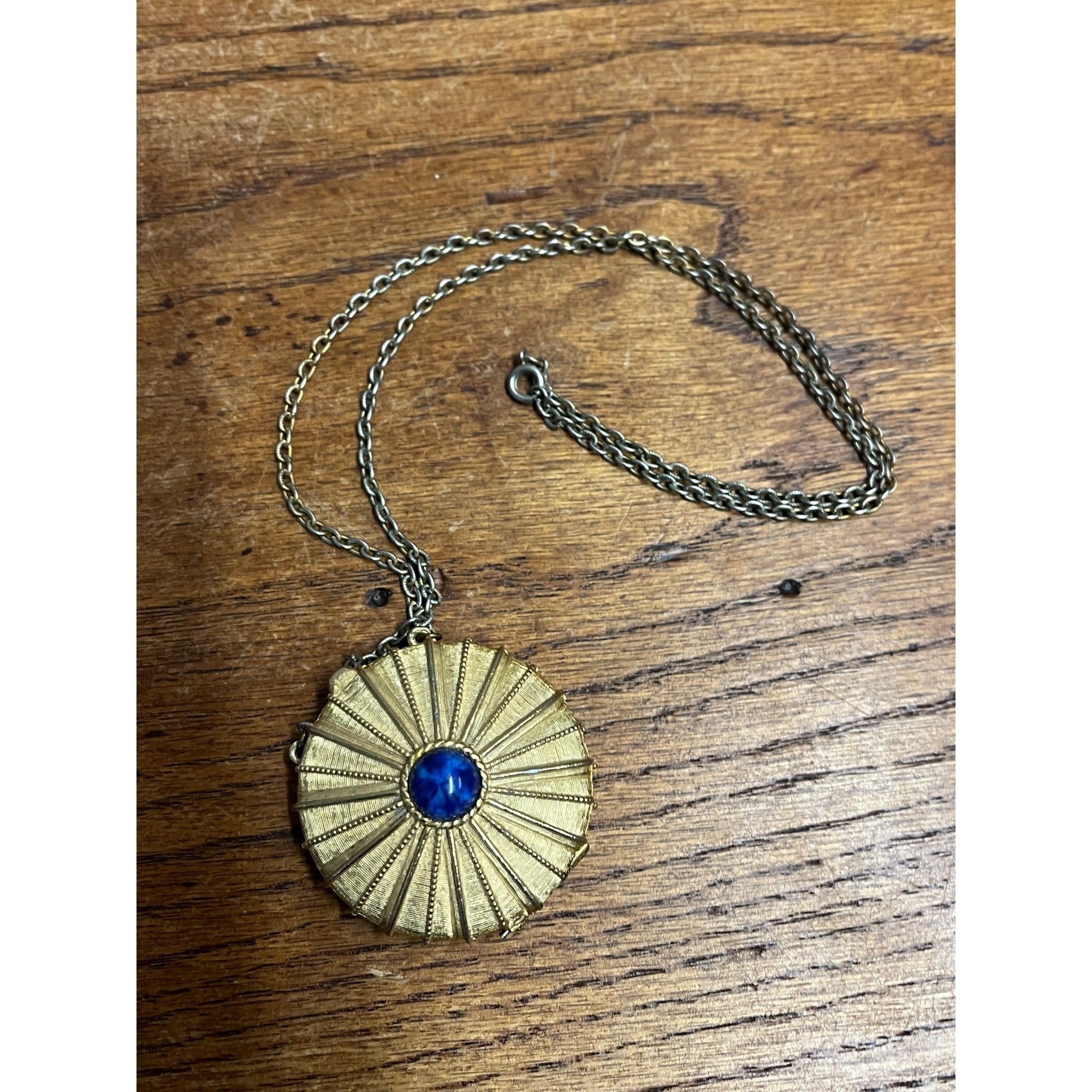 Vintage Estee Lauder Perfume Compact Necklace Gold Tone Cabochon Blue Stone