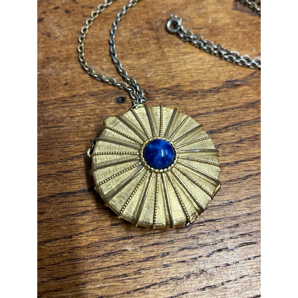 Vintage Estee Lauder Perfume Compact Necklace Gold Tone Cabochon Blue Stone