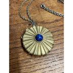 Vintage Estee Lauder Perfume Compact Necklace Gold Tone Cabochon Blue Stone