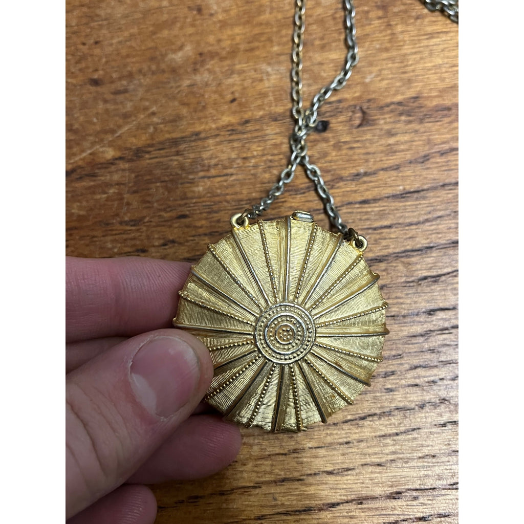 Vintage Estee Lauder Perfume Compact Necklace Gold Tone Cabochon Blue Stone