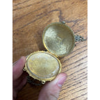 Vintage Estee Lauder Perfume Compact Necklace Gold Tone Cabochon Blue Stone