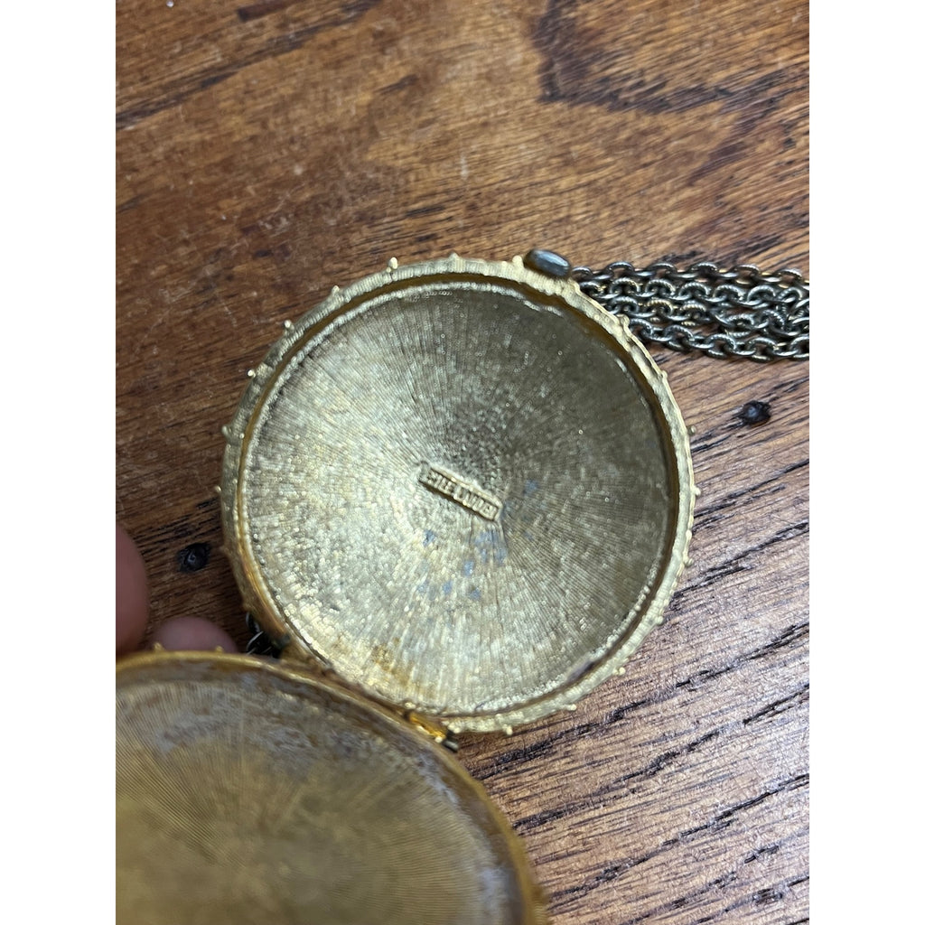 Vintage Estee Lauder Perfume Compact Necklace Gold Tone Cabochon Blue Stone