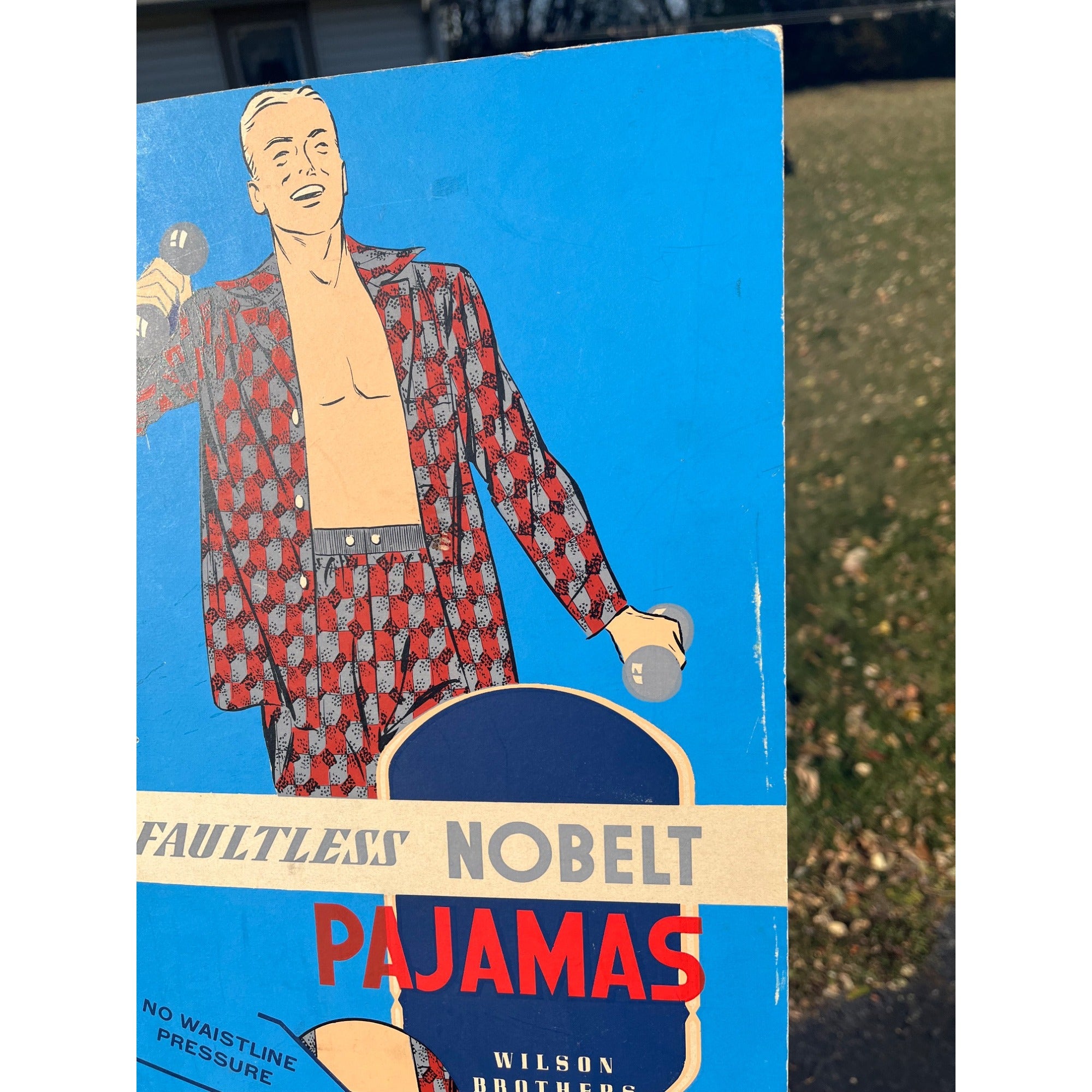 Vintage Nobelt Men's Pajamas Cardboard Advertising Sign Easelback Store Display