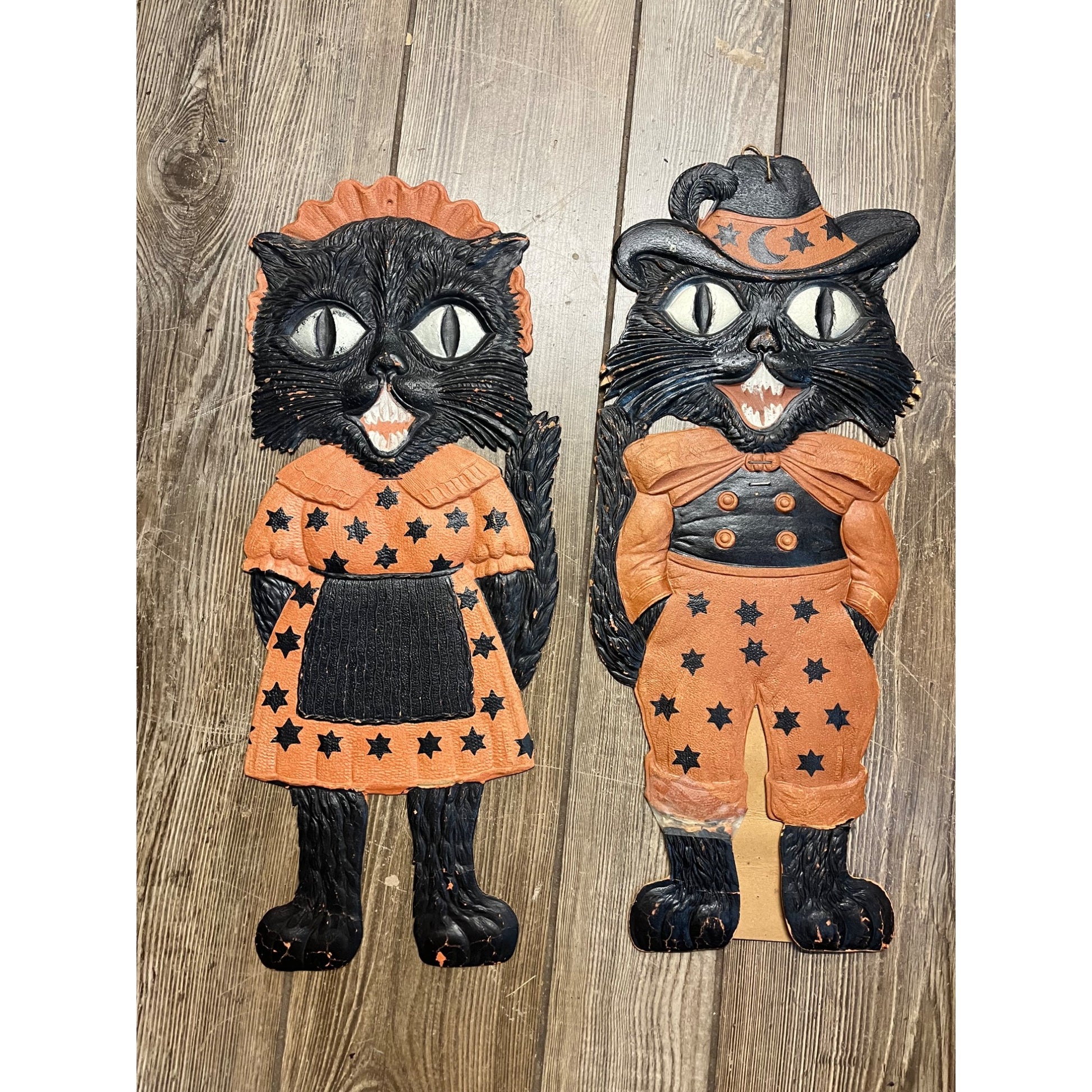Antique 1920s Halloween German Diecut Black Cats Pair 19.5" Tall Vintage