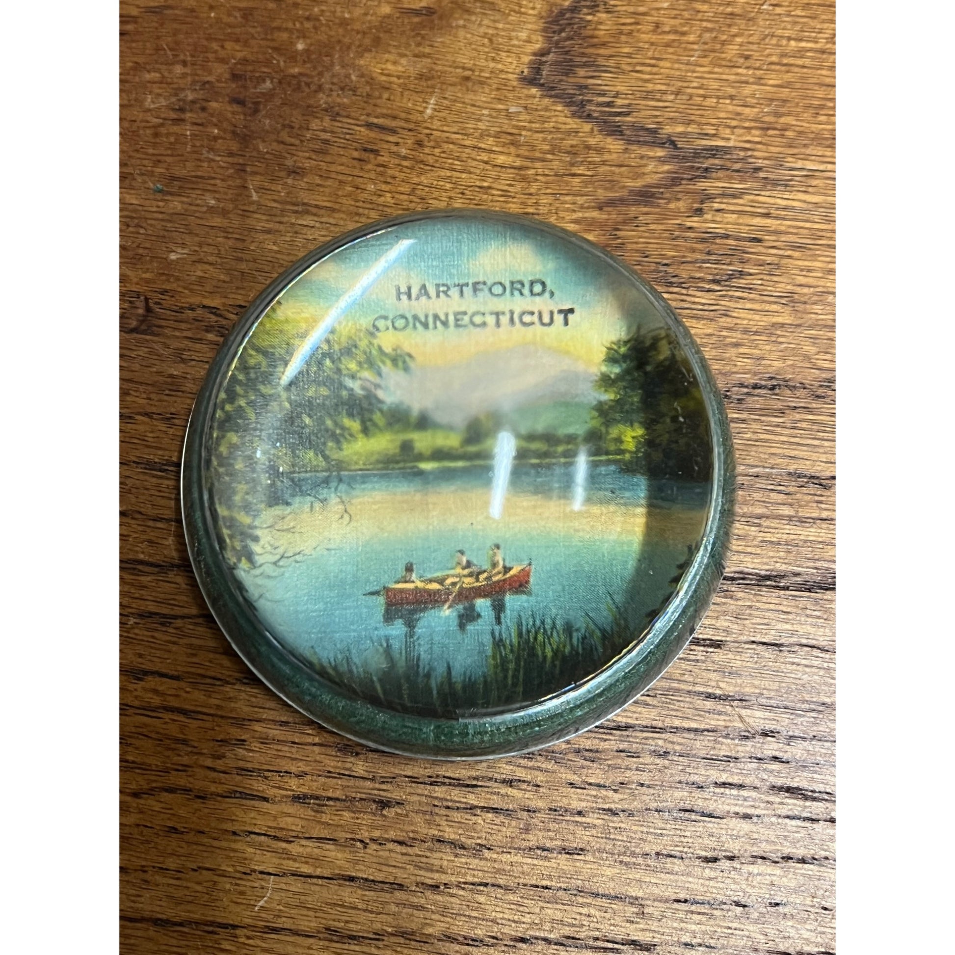 Vintage 1930s Hartford Connecticut Souvenir Glass Paperweight Canoe Across Lake
