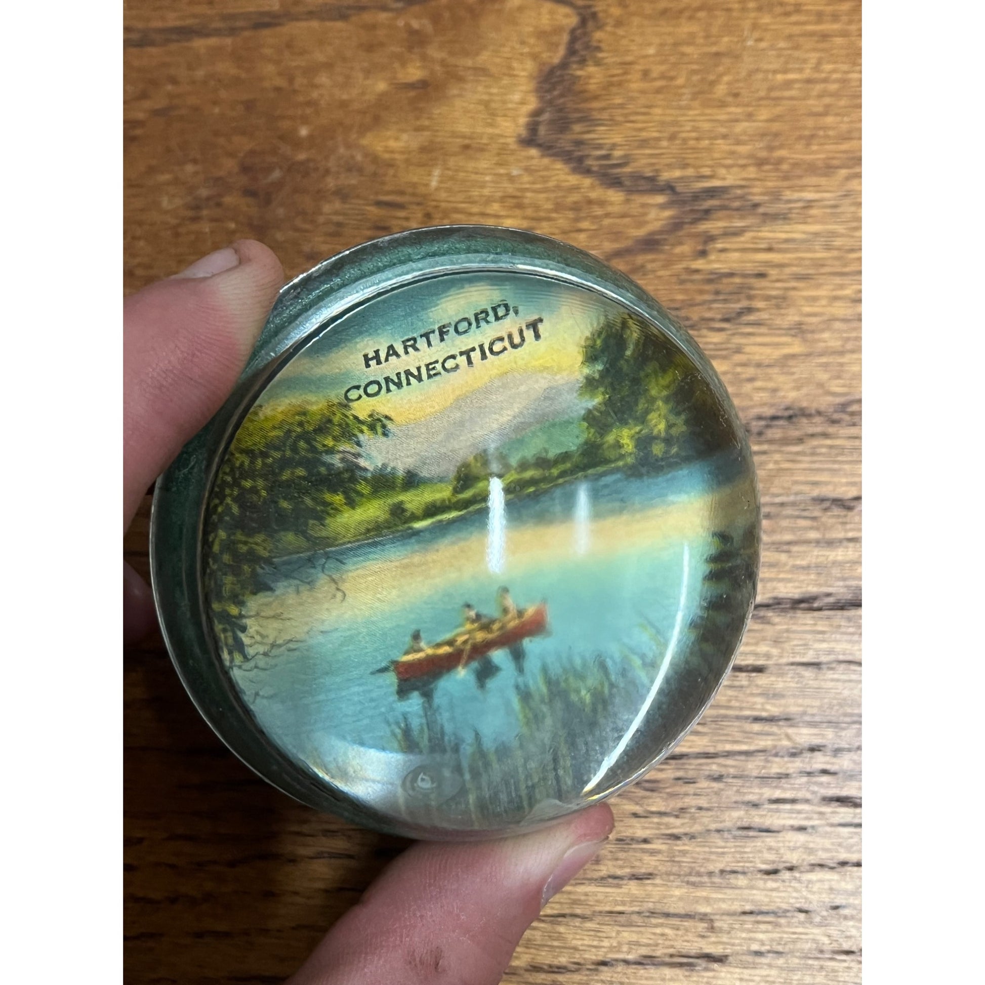 Vintage 1930s Hartford Connecticut Souvenir Glass Paperweight Canoe Across Lake