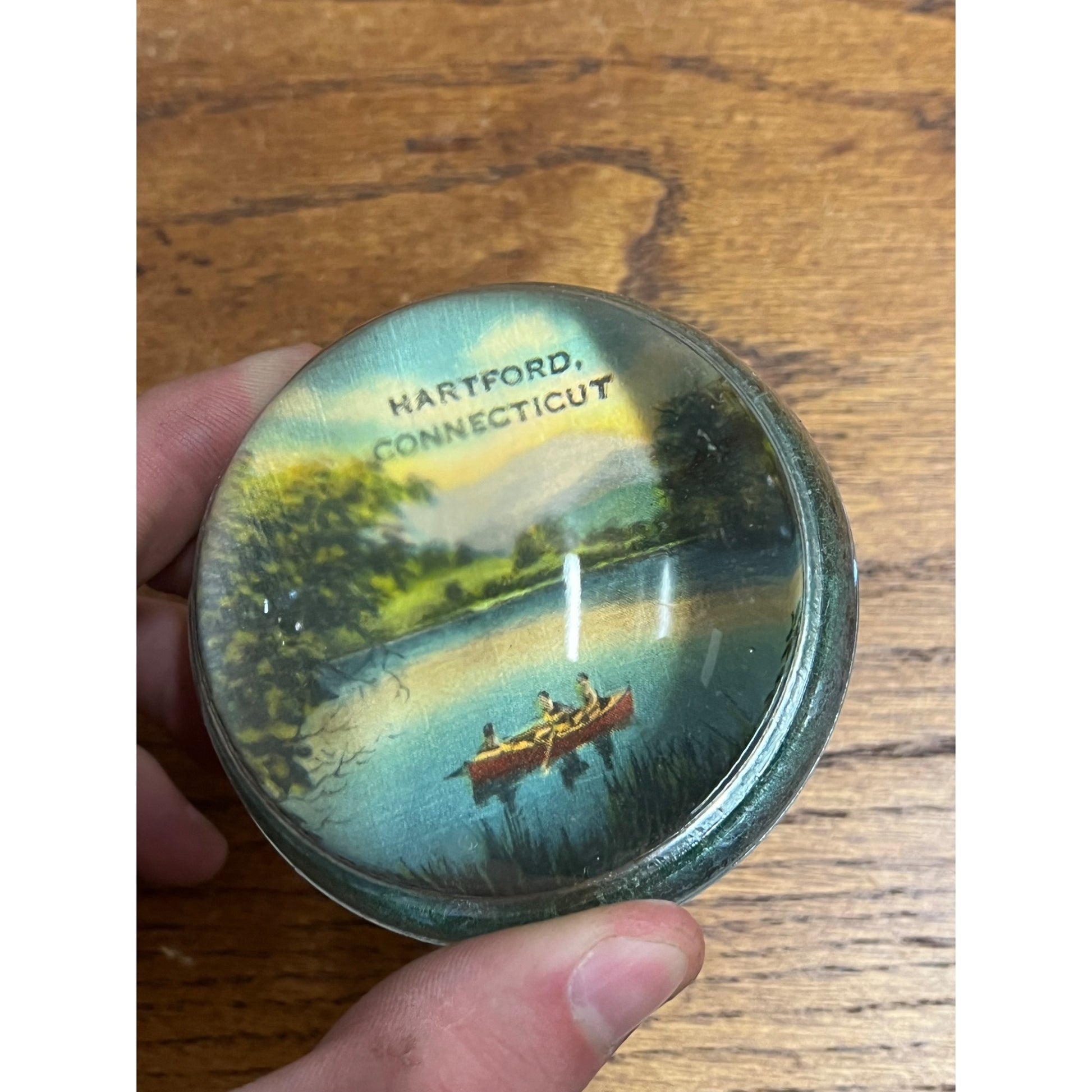 Vintage 1930s Hartford Connecticut Souvenir Glass Paperweight Canoe Across Lake