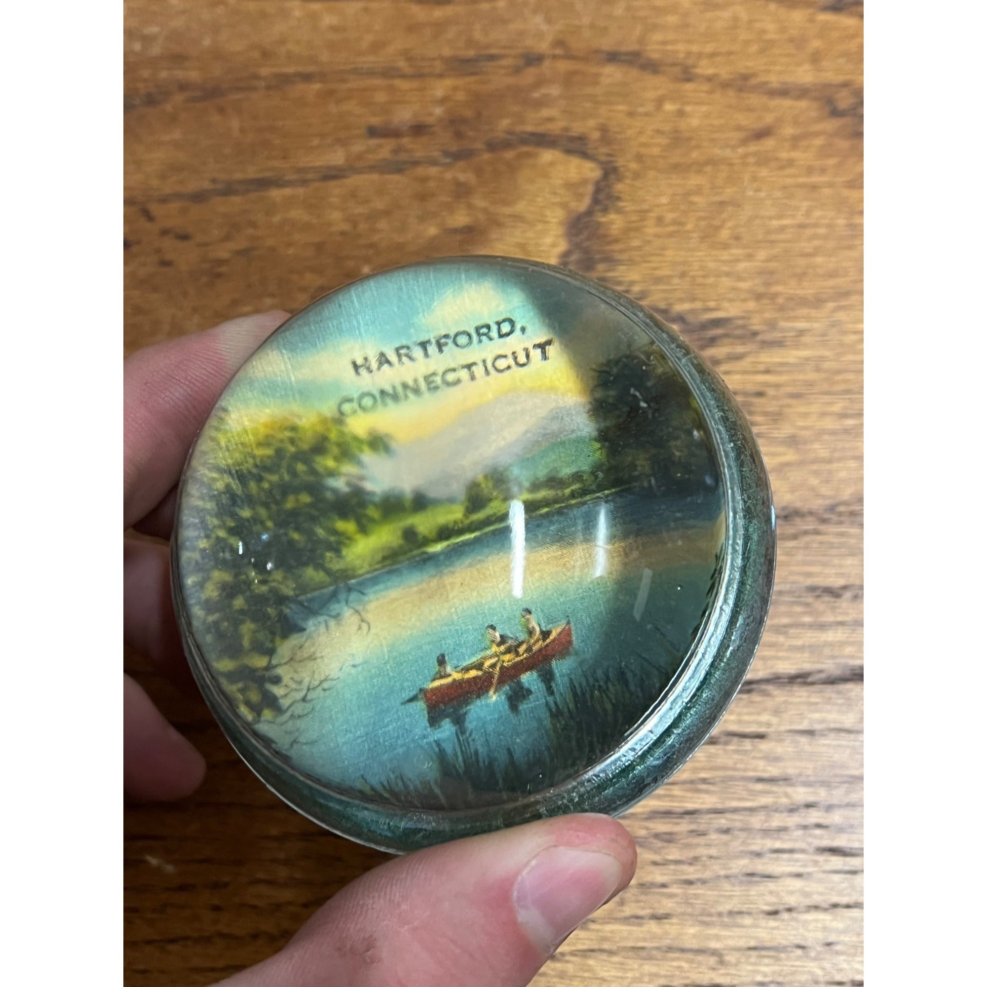 Vintage 1930s Hartford Connecticut Souvenir Glass Paperweight Canoe Across Lake