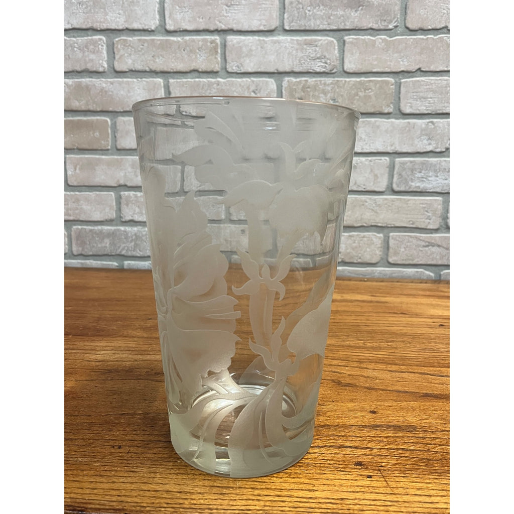 Vintage Franz Grosz Grozart Etched Frosted Glass Vase Signed Floral Art Deco 10"