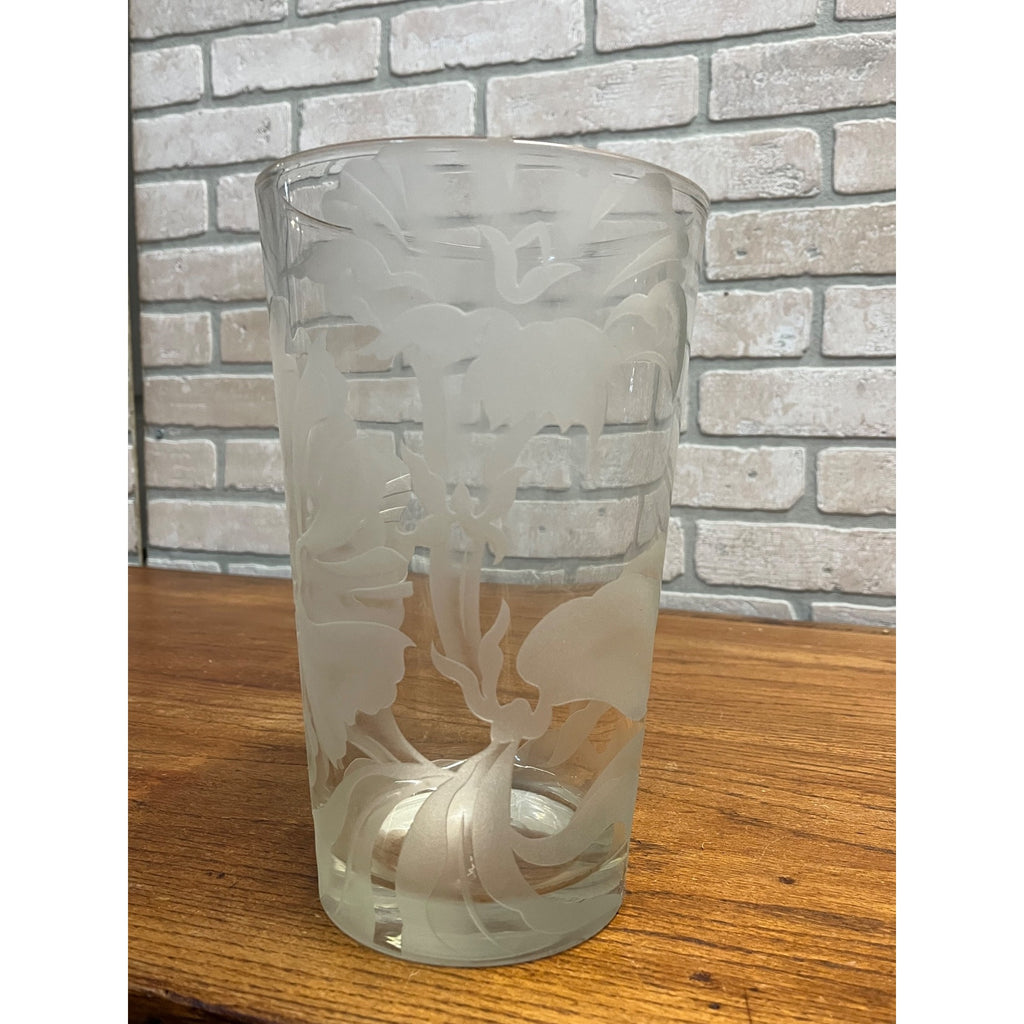 Vintage Franz Grosz Grozart Etched Frosted Glass Vase Signed Floral Art Deco 10"