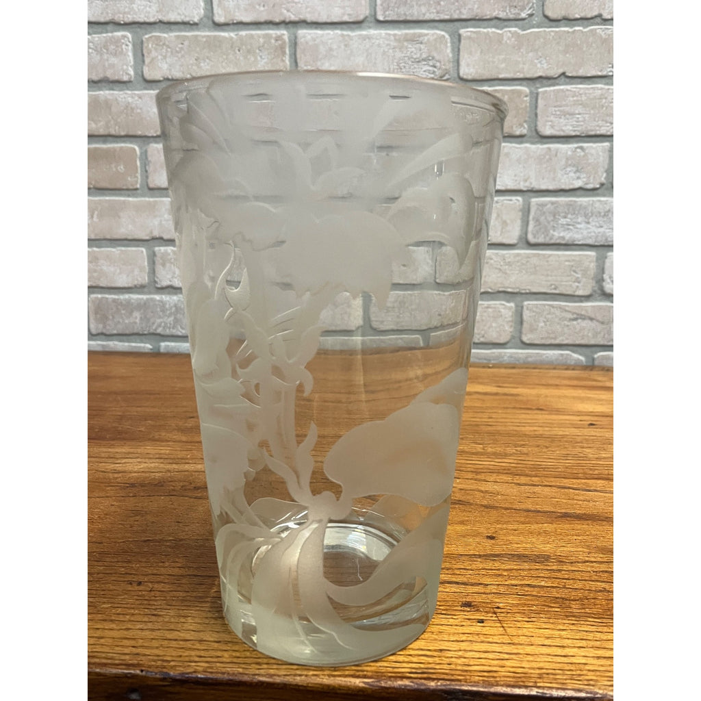 Vintage Franz Grosz Grozart Etched Frosted Glass Vase Signed Floral Art Deco 10"