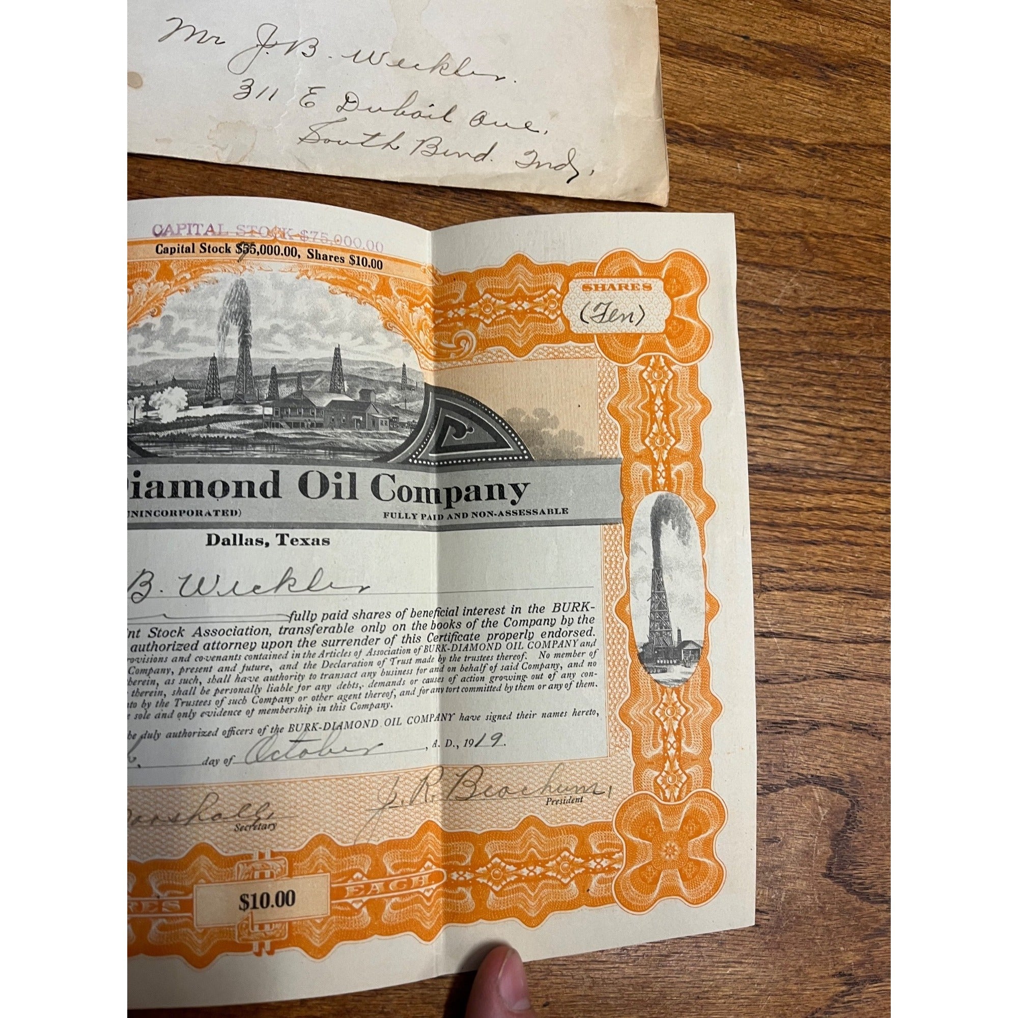 Vintage 1919 Burk-Diamond Oil Co. Stock Certificate Dallas Texas Refinery