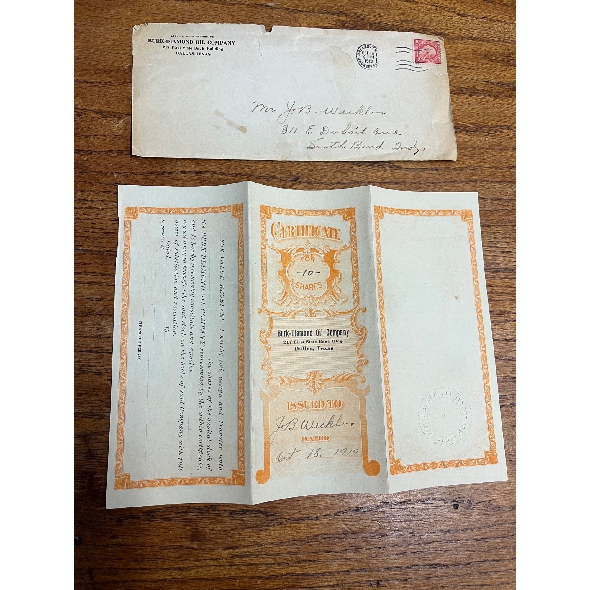 Vintage 1919 Burk-Diamond Oil Co. Stock Certificate Dallas Texas Refinery