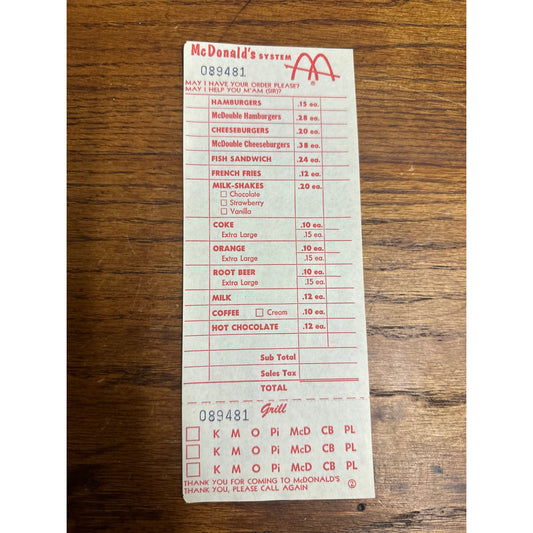 RARE Vintage 1960s McDonalds System Food Order Paper Receipt Slash M Logo