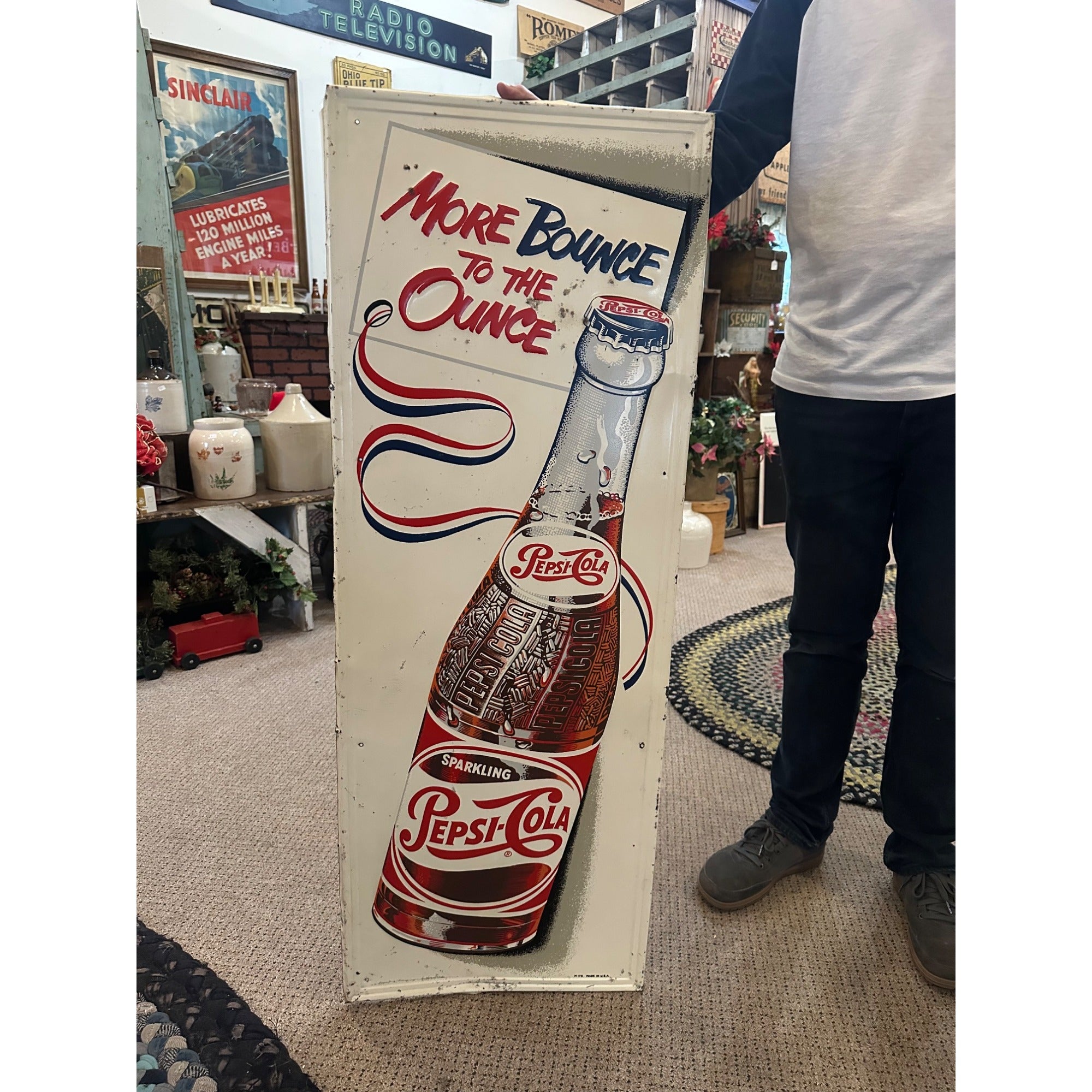 Vintage Pepsi Cola More Bounce to Ounce Embossed Tin Advertising Soda Sign 47"