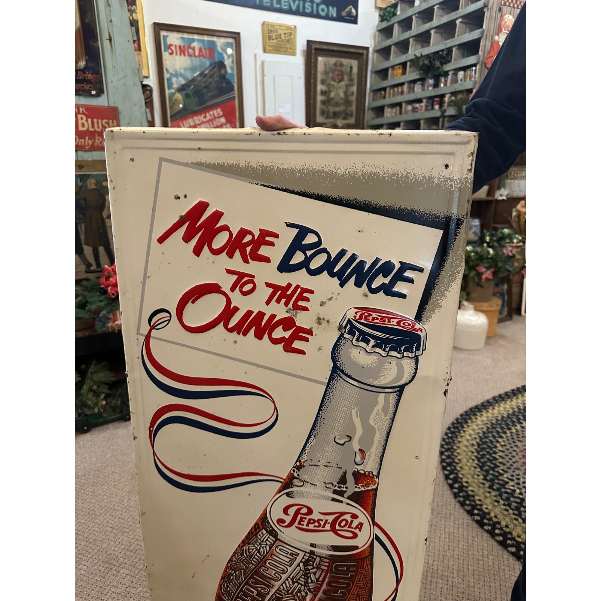 Vintage Pepsi Cola More Bounce to Ounce Embossed Tin Advertising Soda Sign 47"