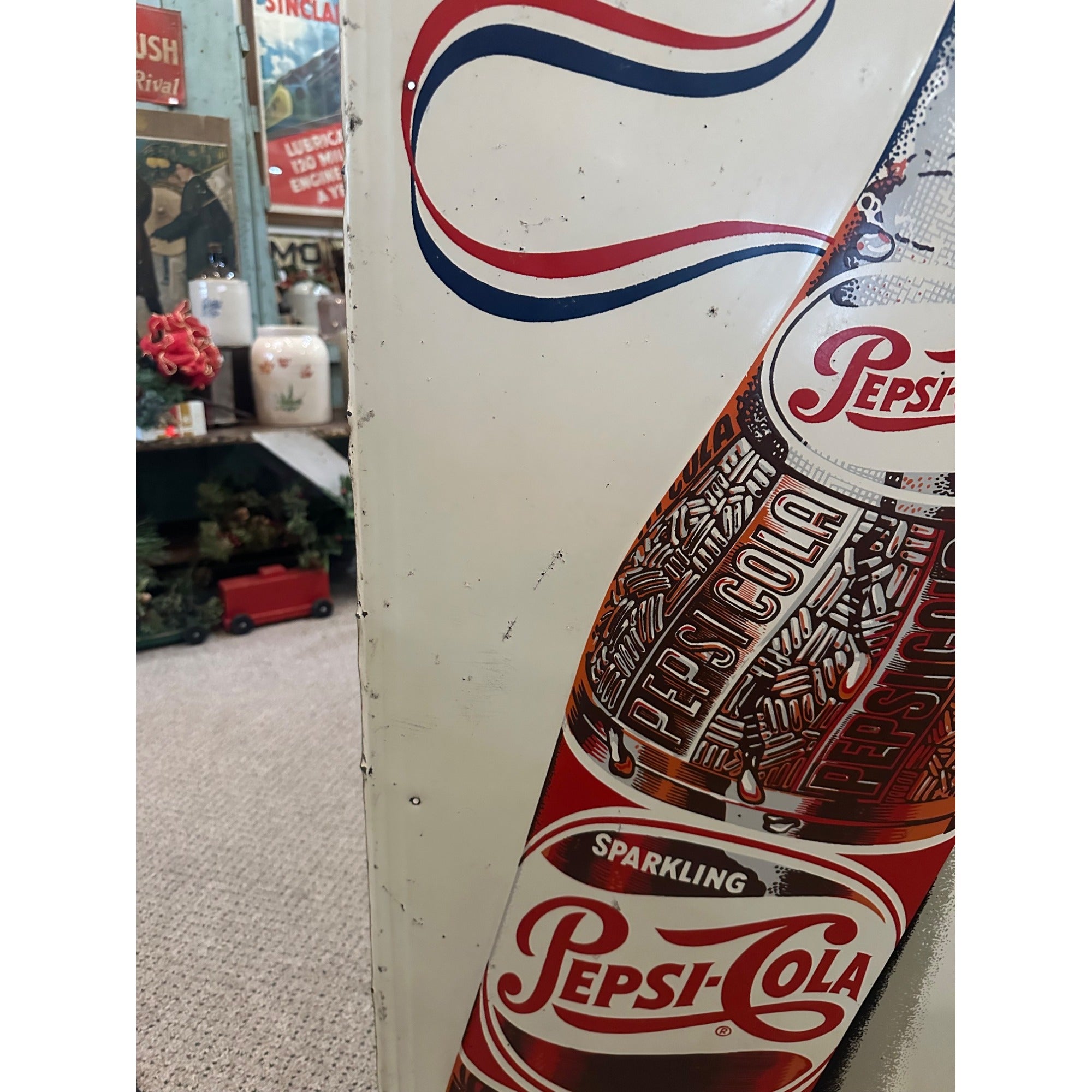 Vintage Pepsi Cola More Bounce to Ounce Embossed Tin Advertising Soda Sign 47"