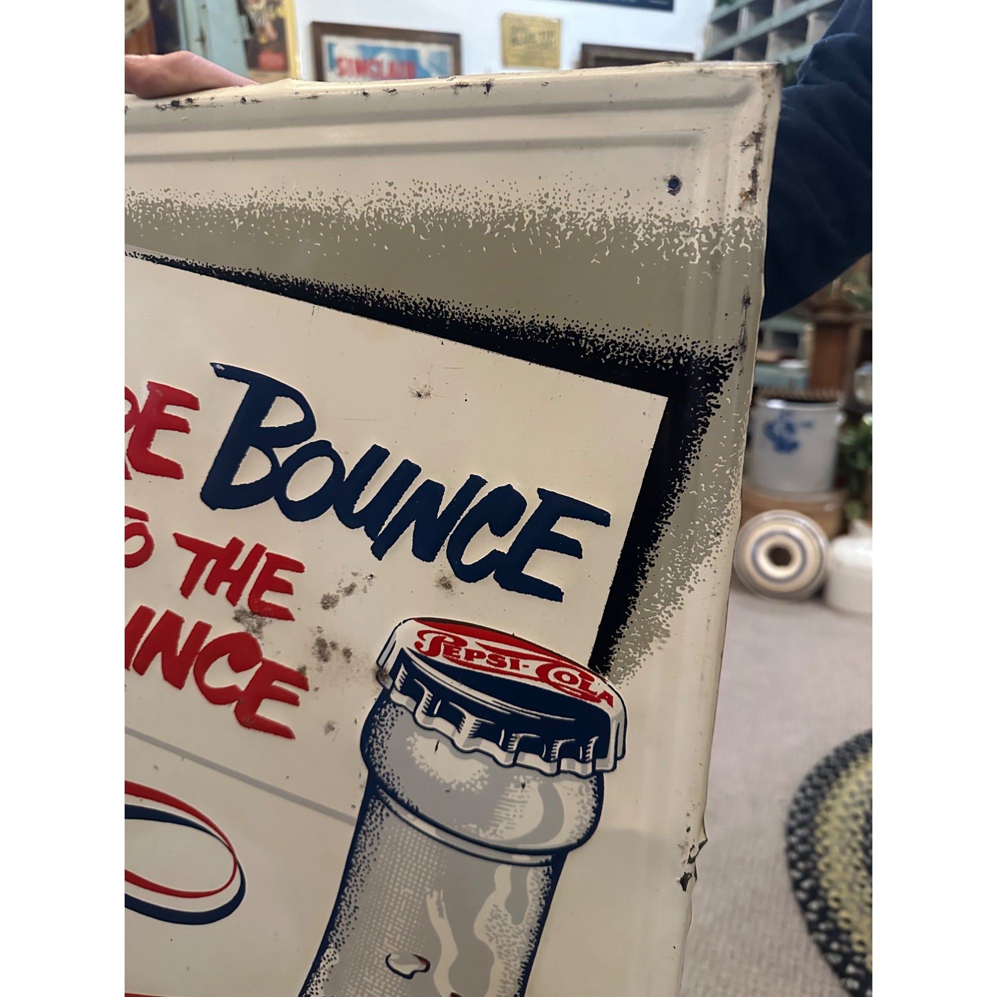 Vintage Pepsi Cola More Bounce to Ounce Embossed Tin Advertising Soda Sign 47"