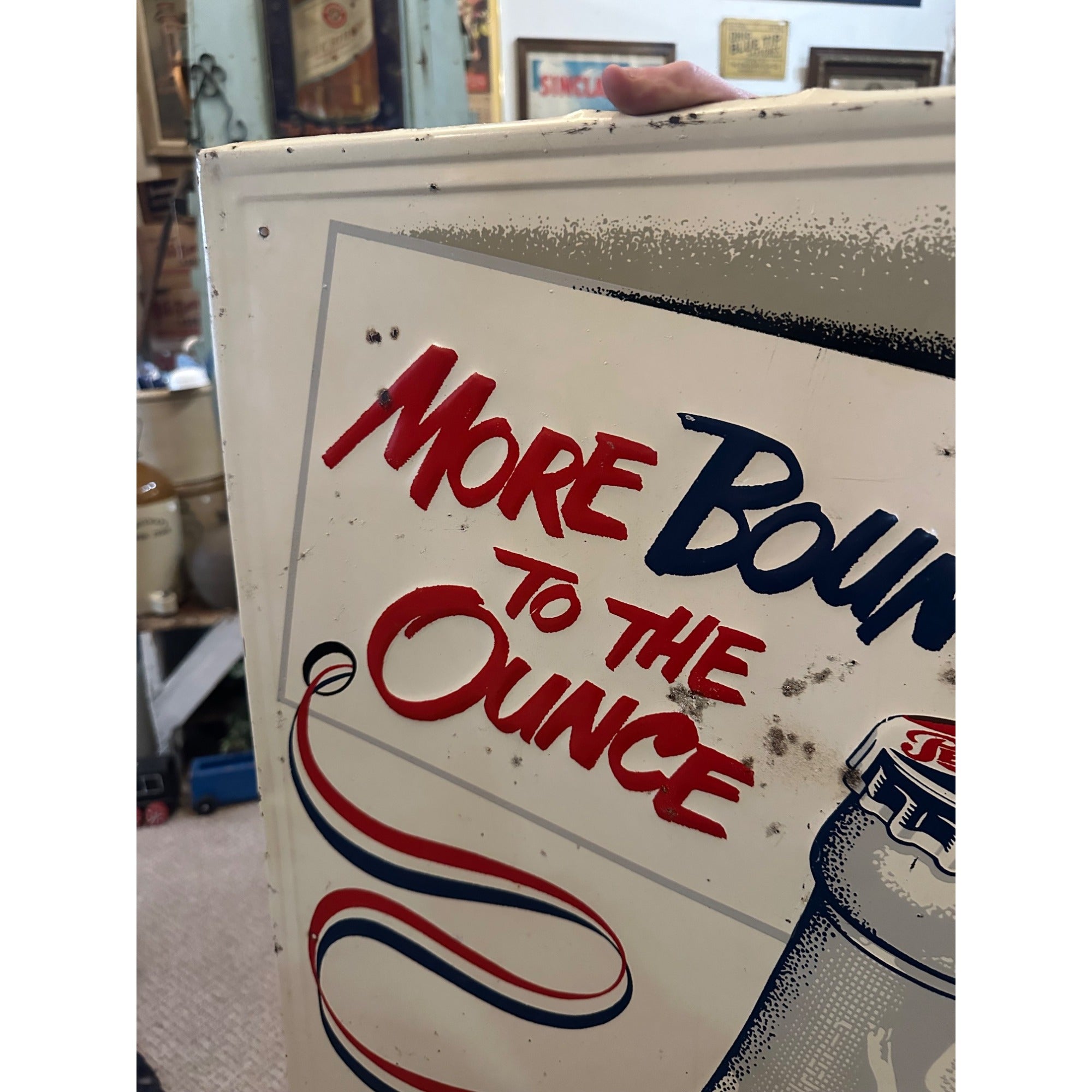 Vintage Pepsi Cola More Bounce to Ounce Embossed Tin Advertising Soda Sign 47"