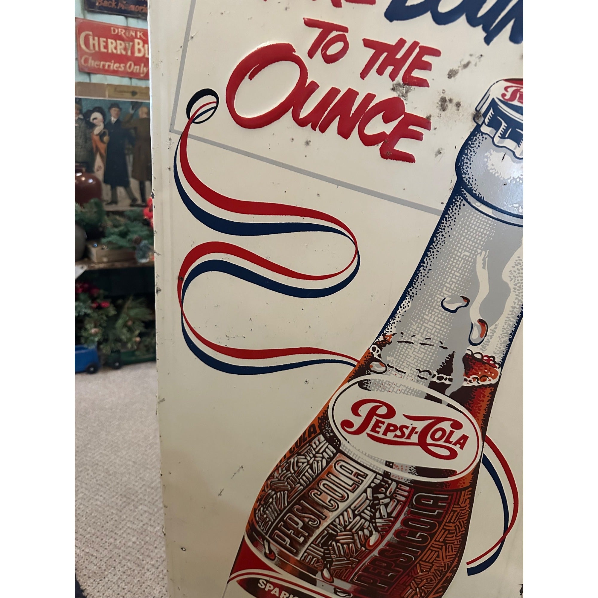 Vintage Pepsi Cola More Bounce to Ounce Embossed Tin Advertising Soda Sign 47"