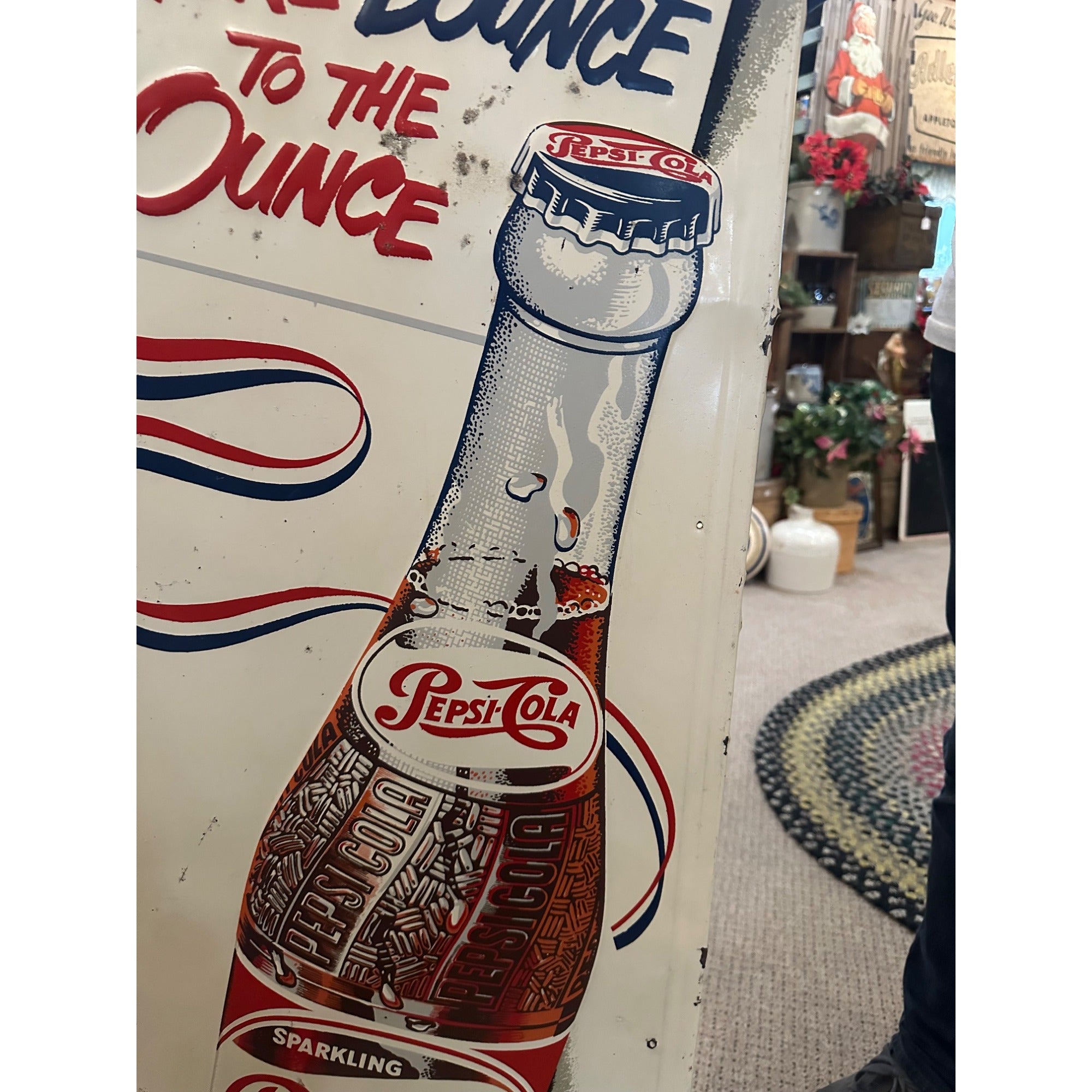 Vintage Pepsi Cola More Bounce to Ounce Embossed Tin Advertising Soda Sign 47"