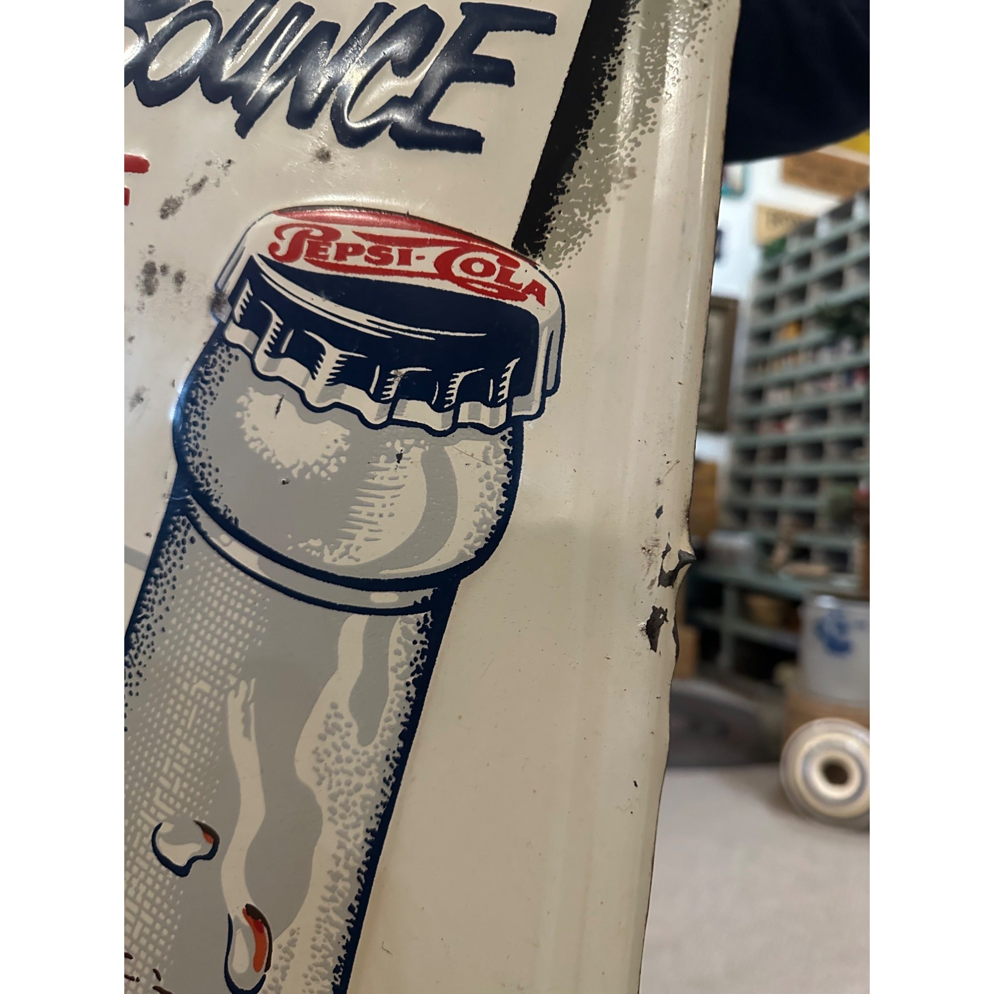 Vintage Pepsi Cola More Bounce to Ounce Embossed Tin Advertising Soda Sign 47"