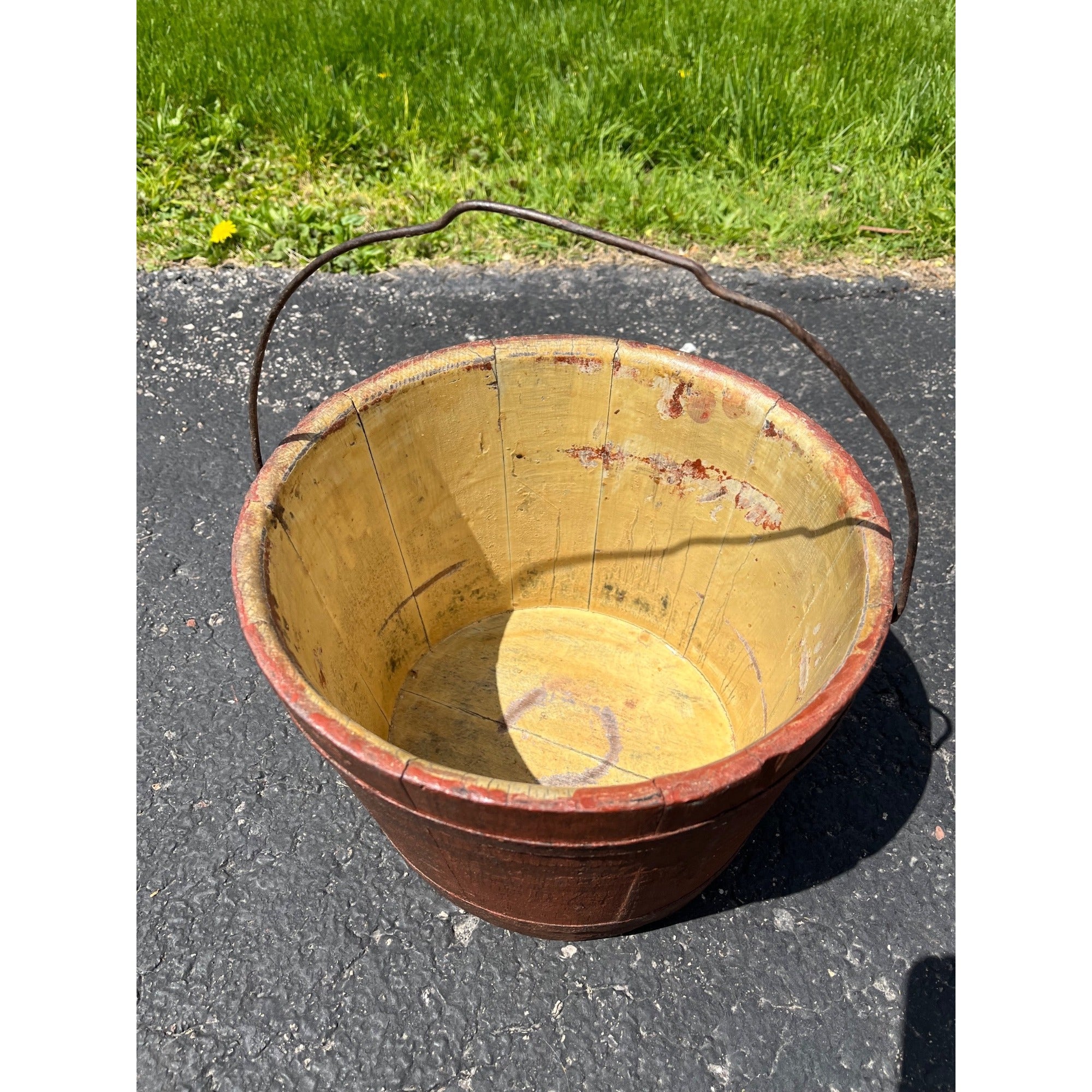 Antique Primitive 19th c Original Red Paint Wood Stave Sap Syrup Pail Bucket AAFA